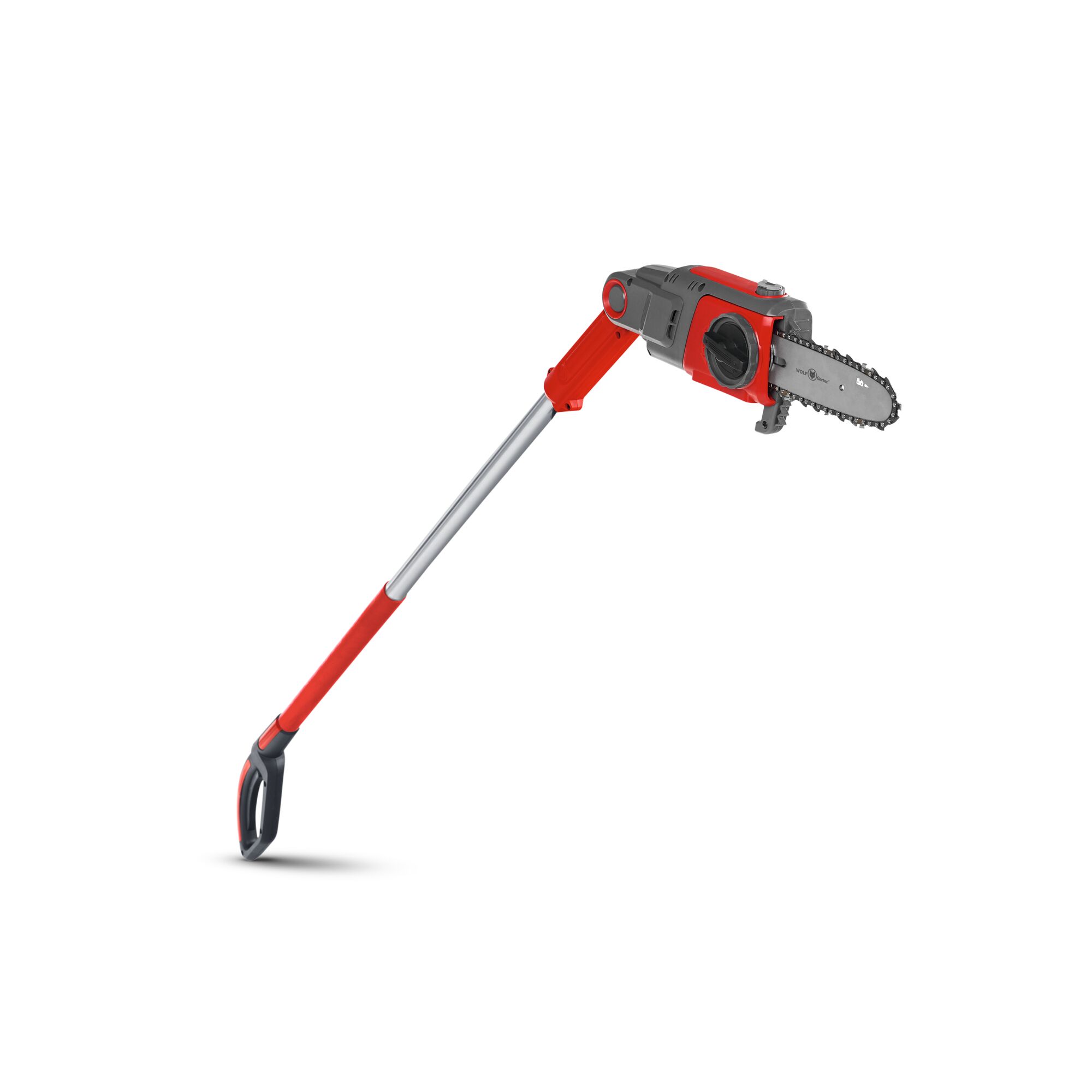 A red and grey pole chainsaw with an extended handle, designed for trimming branches at height.