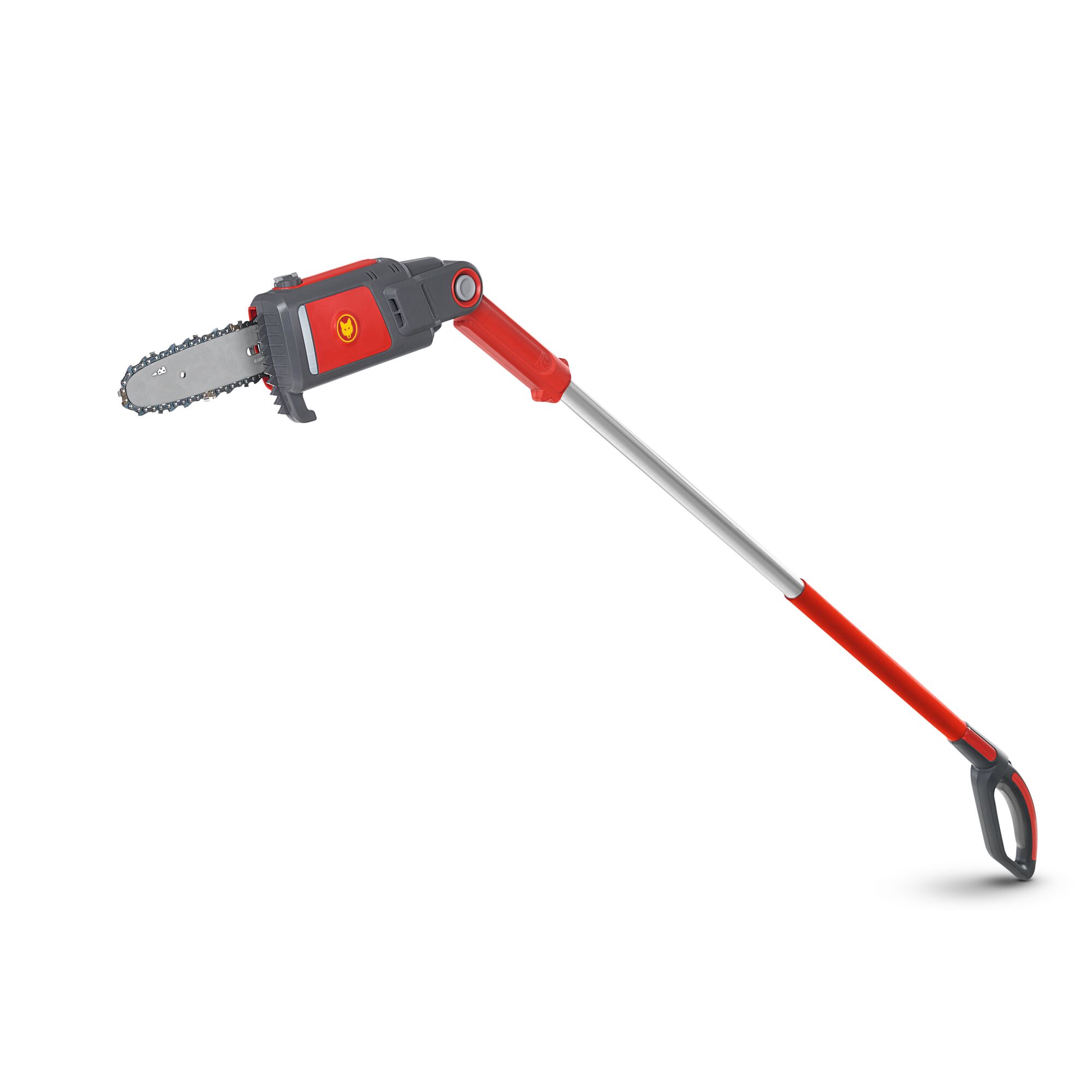 A pole chainsaw with a red and grey body, featuring an extendable handle designed for cutting branches at height.