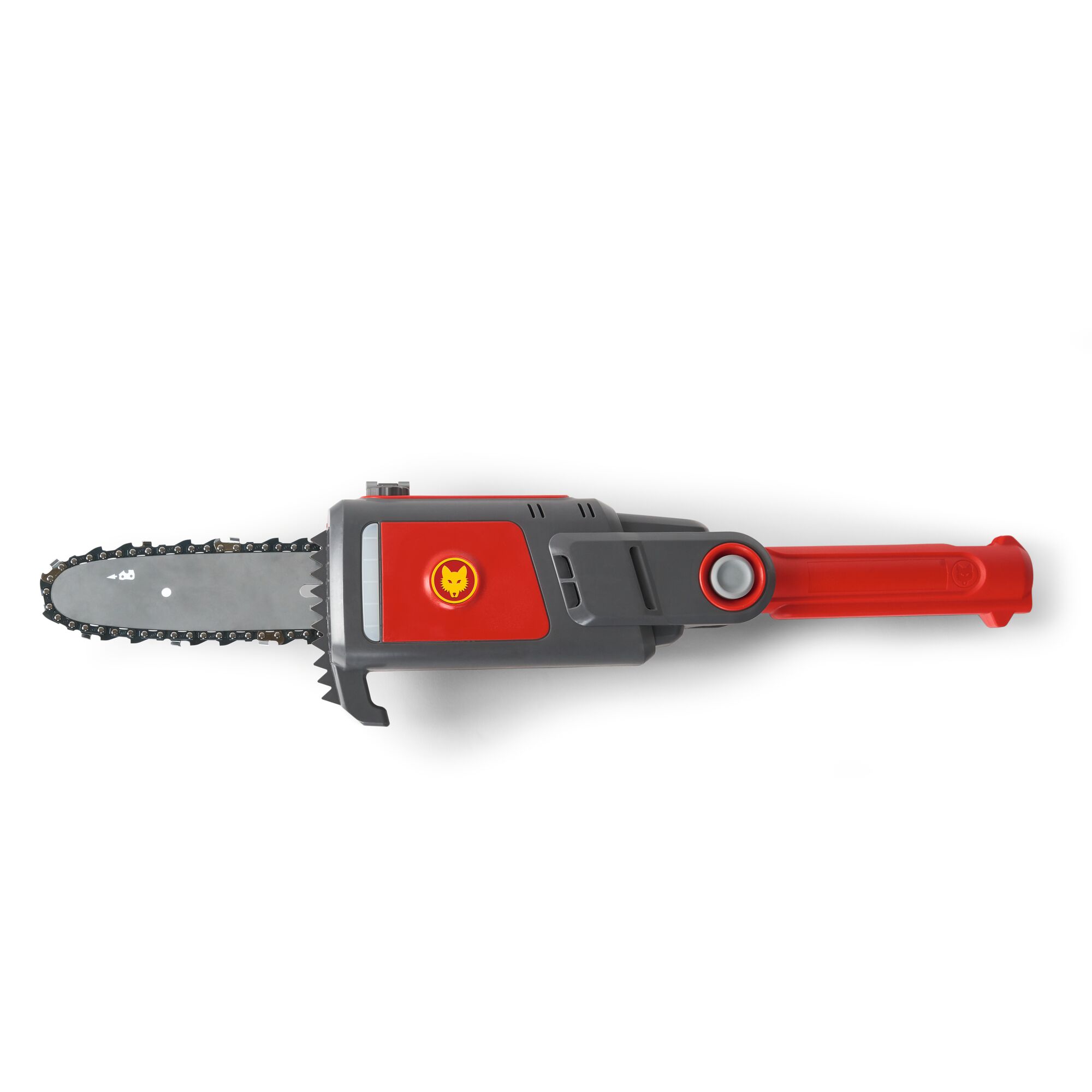 A red and grey electric chainsaw photographed on a white background. The chainsaw has a visible blade with chain and a handle for secure grip.