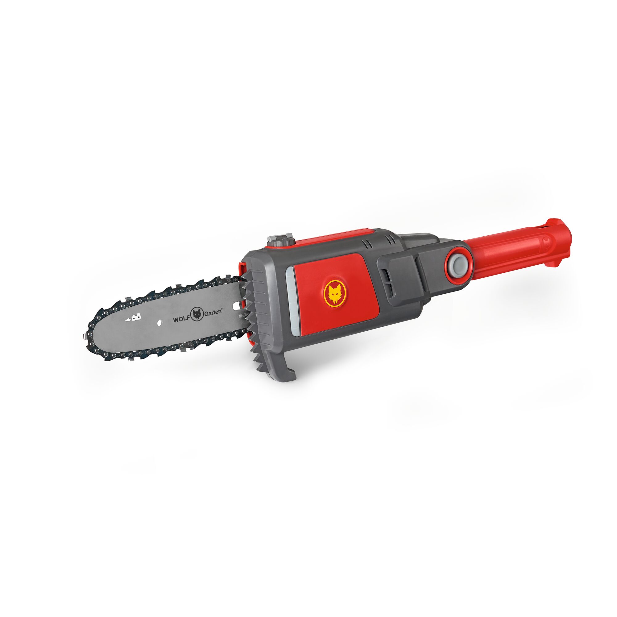 A WOLFGarten chainsaw attachment with a red and grey body, featuring a sharp chain blade and the WOLFGarten logo on the side. The tool is designed for use with compatible gardening equipment.