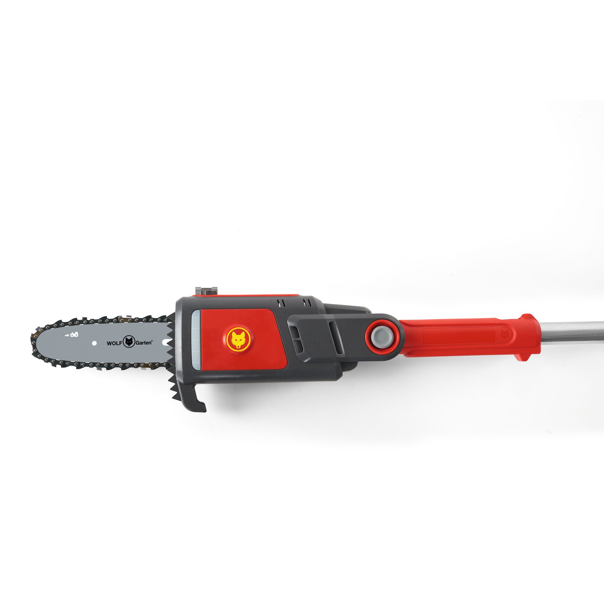 A close-up of a WOLF-Garten electric pole chainsaw with a red and gray handle, designed for pruning and trimming branches.