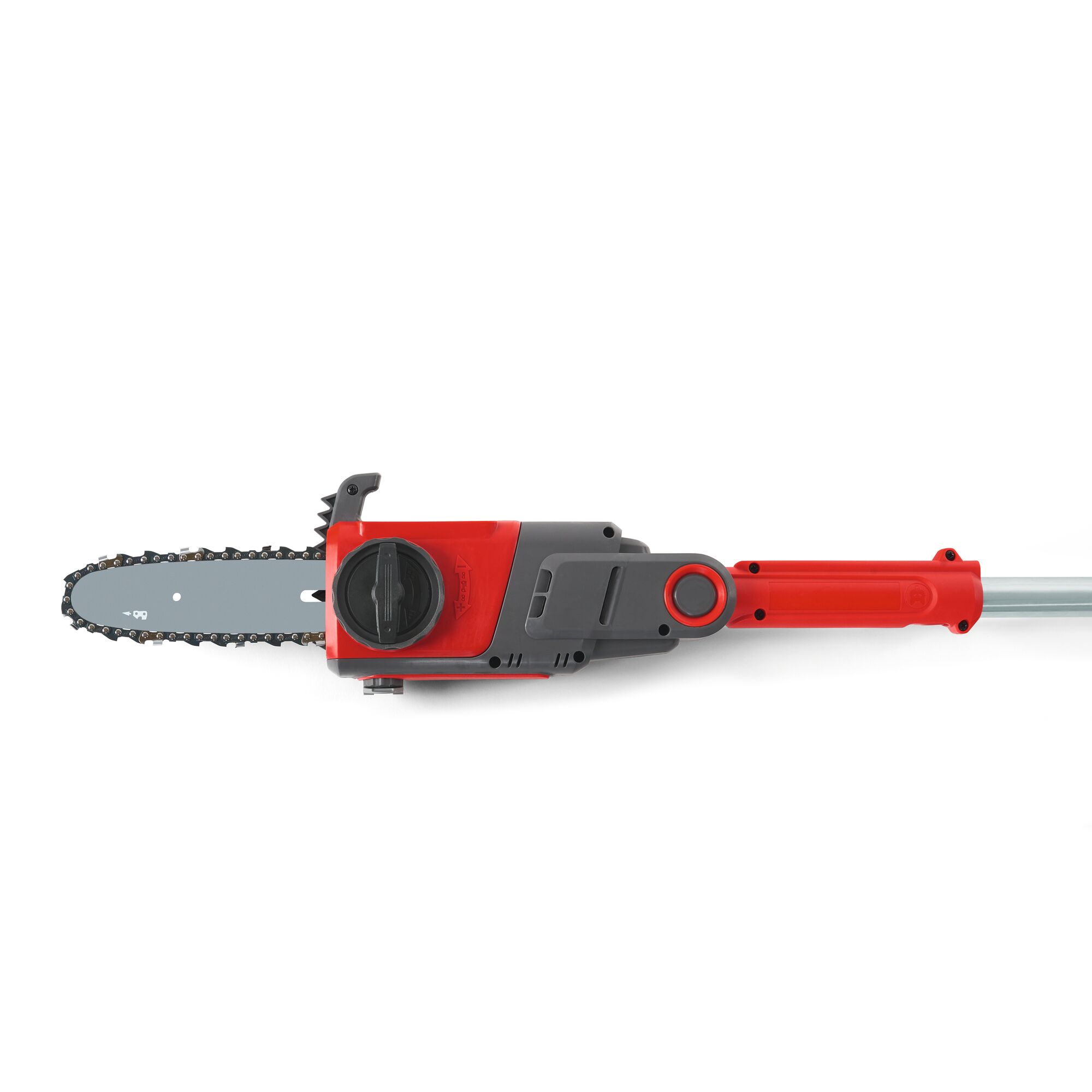A red and gray electric pole chainsaw attachment with a metal chain blade, designed for extending reach in tree trimming and pruning tasks.