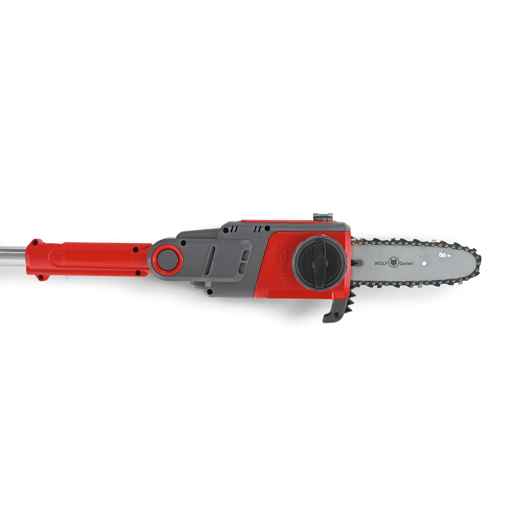 A close-up view of a red and grey WOLFGarten electric pole chainsaw with visible chain and blade, used for pruning and cutting branches.