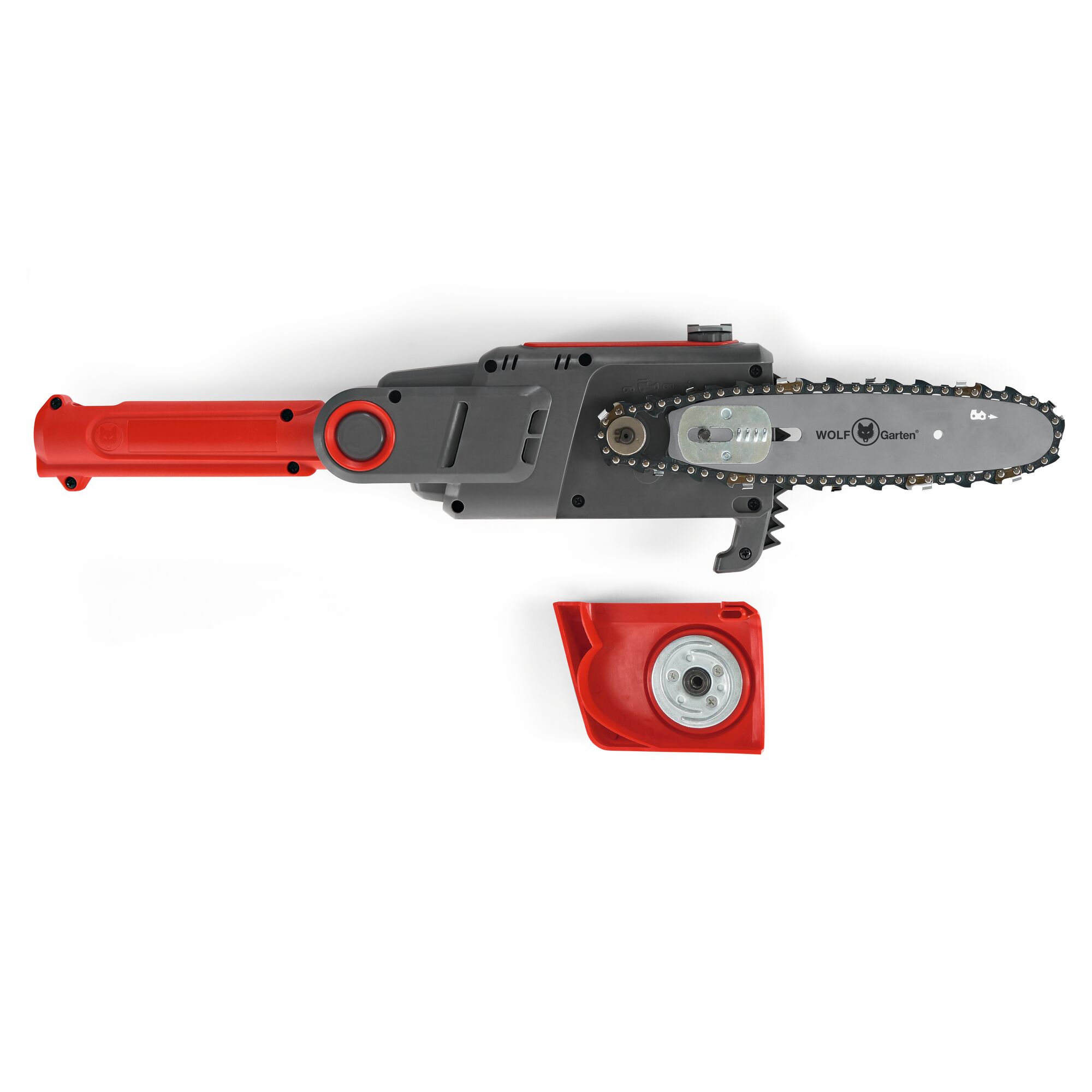 A WOLF Garten chainsaw attachment with a red and grey handle, visible chain and guide bar, and a separate red cover accessory placed next to it.