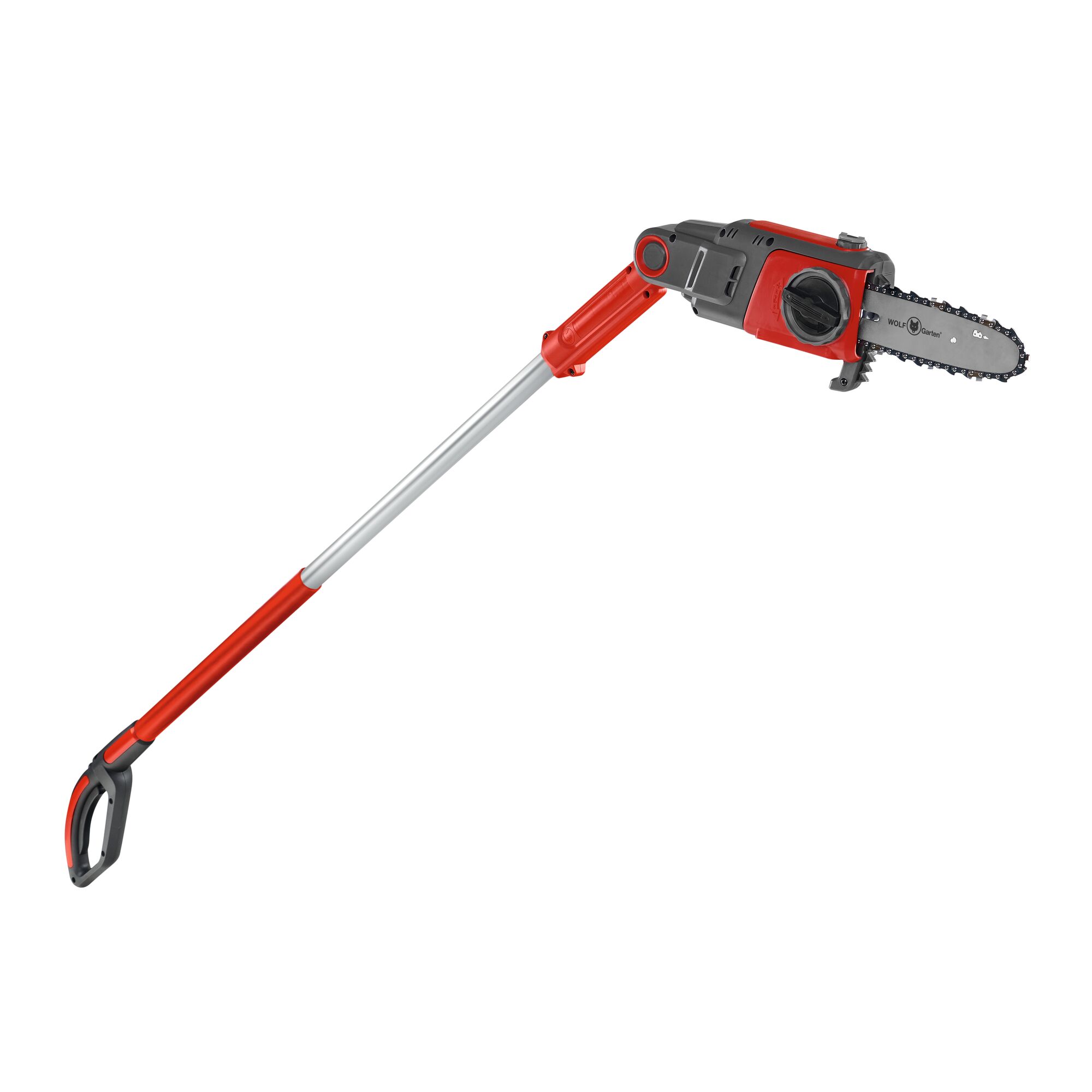 A red and grey electric pole saw with a long telescopic handle and a chain saw blade at the end, used for pruning and cutting branches in high or hard-to-reach areas.