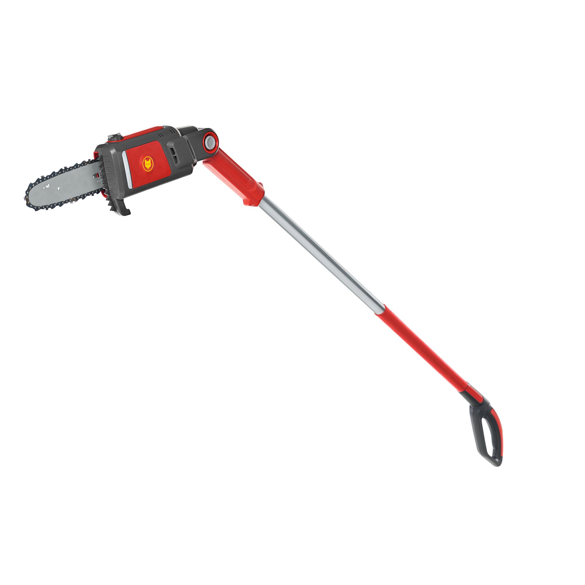 A WOLFGarten telescopic pole chainsaw with a red and grey design, featuring an extended handle for trimming high branches.