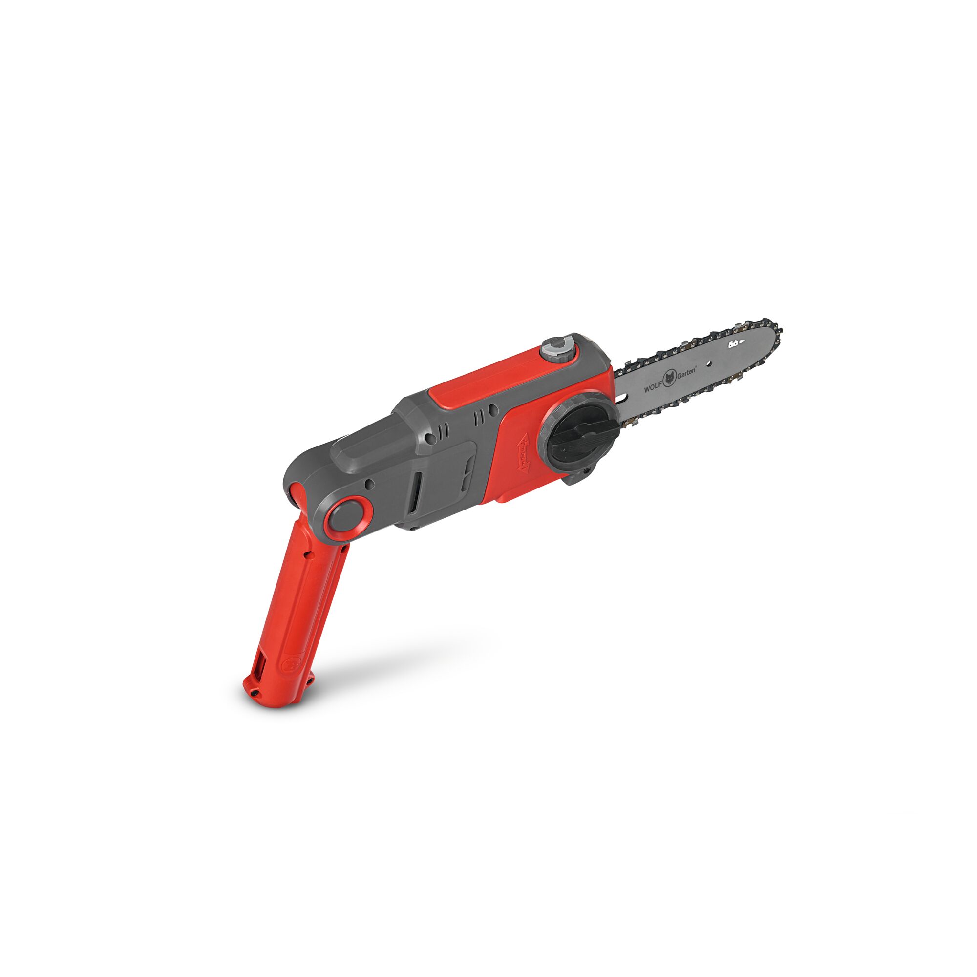A red and grey electric hand-held chainsaw attachment, designed by WOLFGarten for garden or landscaping use. The device features a compact, ergonomic handle and a short saw blade.