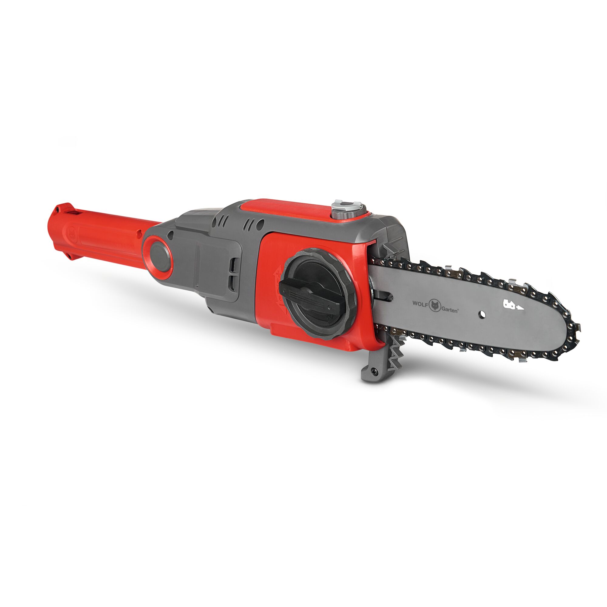 A WOLF-Garten pole chainsaw attachment, featuring a compact red and grey design with a sharp chain blade, intended for tree pruning and gardening tasks.