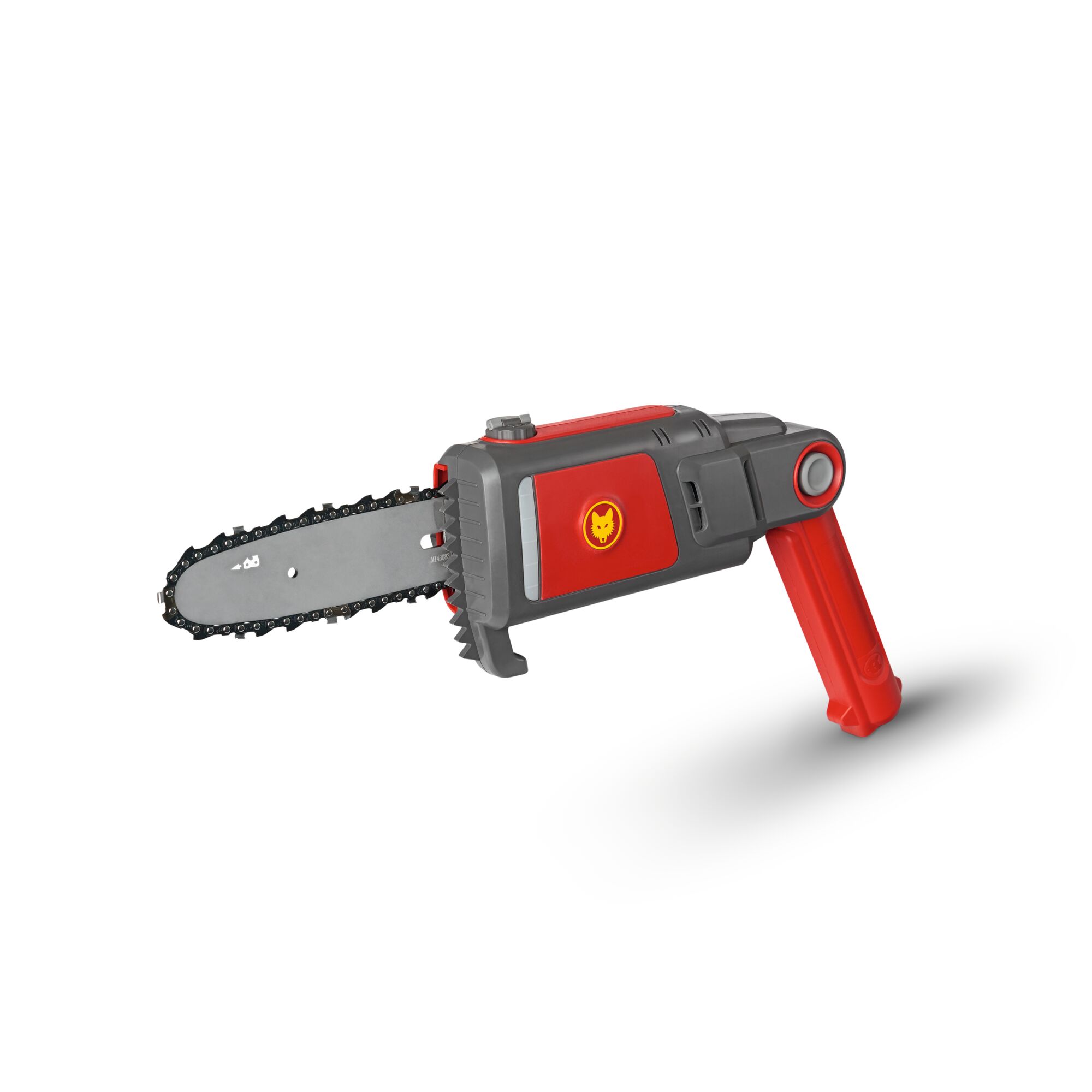 A WOLFGarten handheld electric chainsaw, shown angled on a white background. The chainsaw features a red and grey design with the WOLFGarten logo on the side.