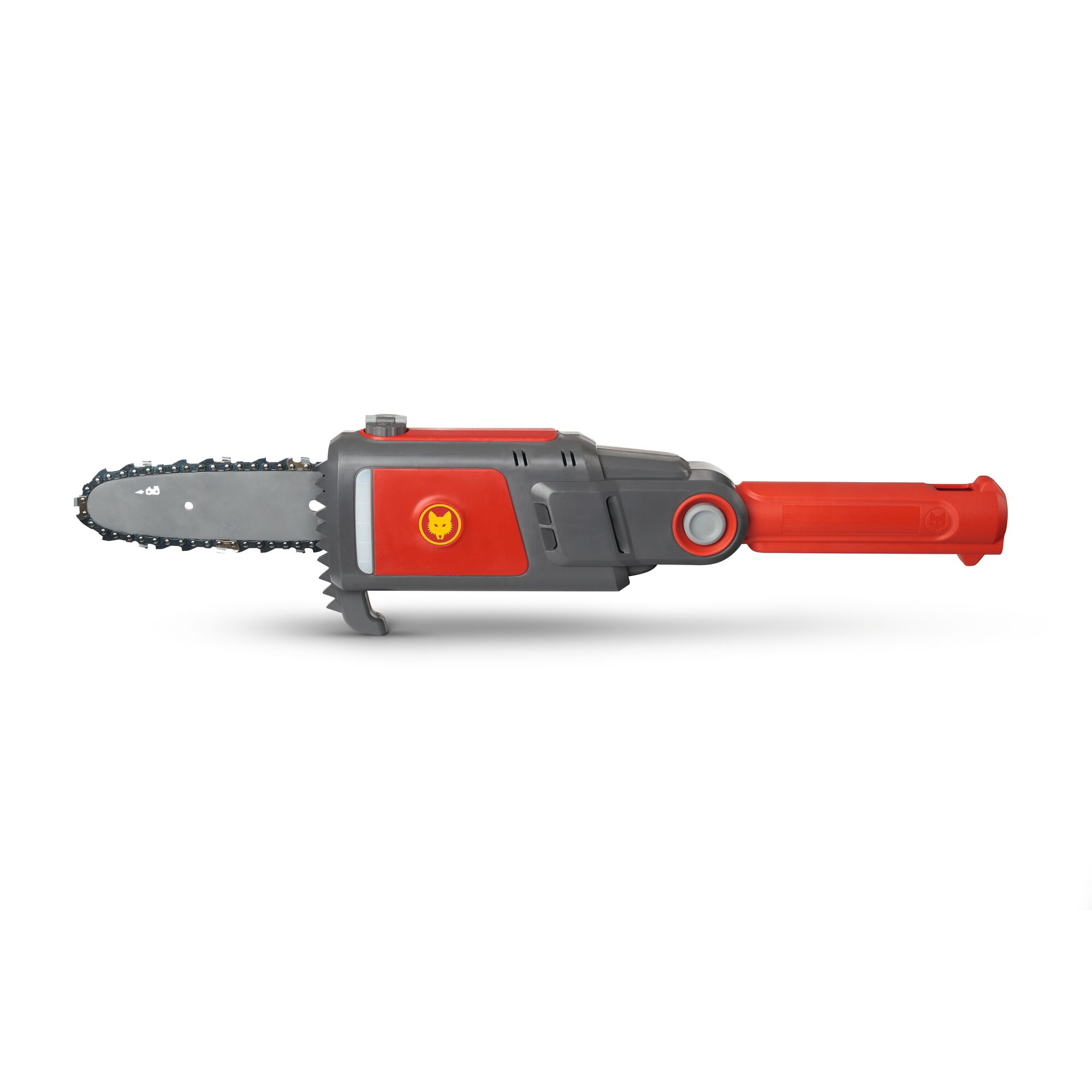 A WOLFGarten red and grey chainsaw attachment designed for garden use, shown on a white background.
