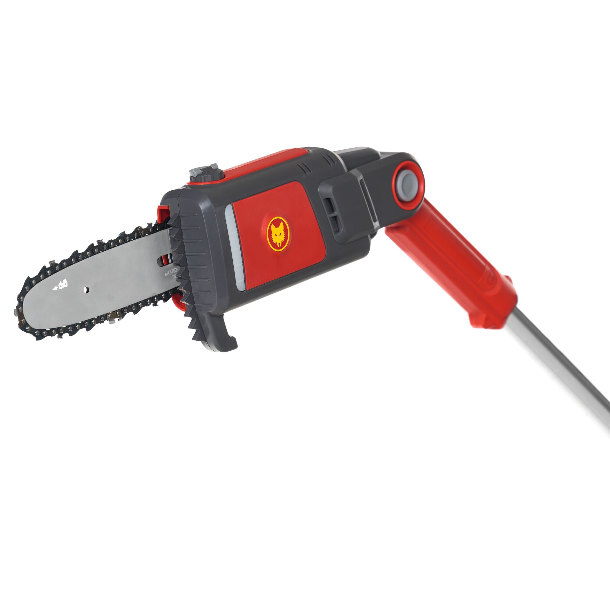 A close-up view of a red and grey WOLFGarten pole chainsaw, featuring a compact saw blade and an adjustable handle.