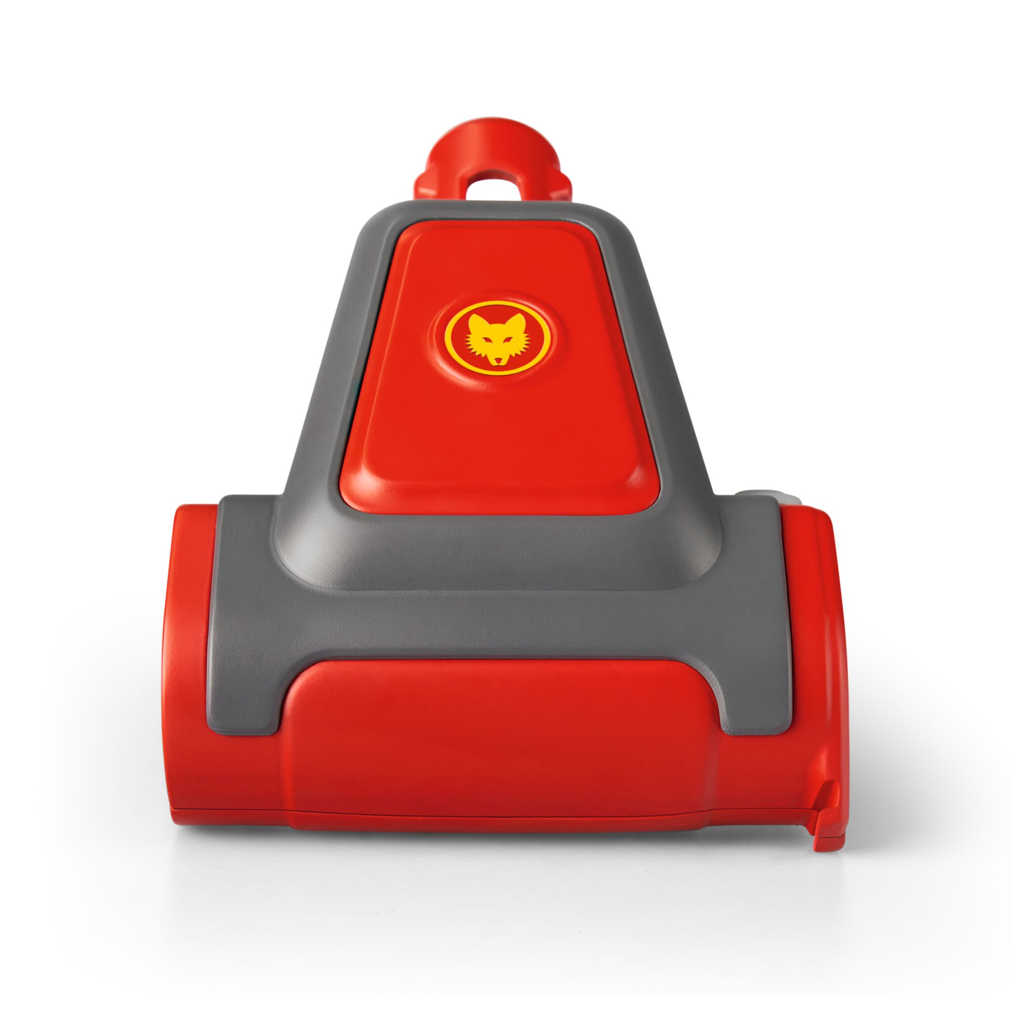 A close-up image of a WOLFGarten red and grey garden tool head with a yellow wolf logo, shown against a white background.