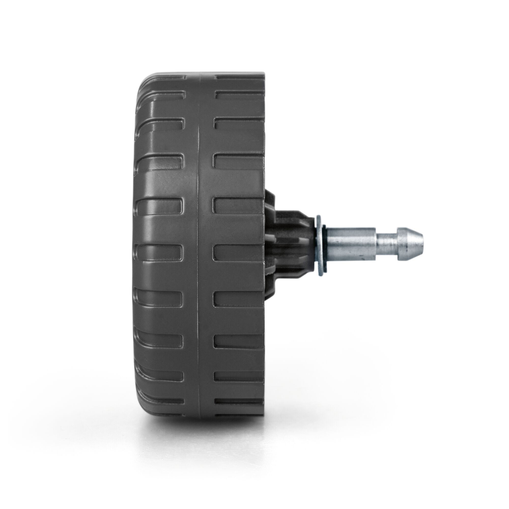 Close-up side view of a black plastic and metal wheel with a grooved tread and a metal axle, isolated on a white background.