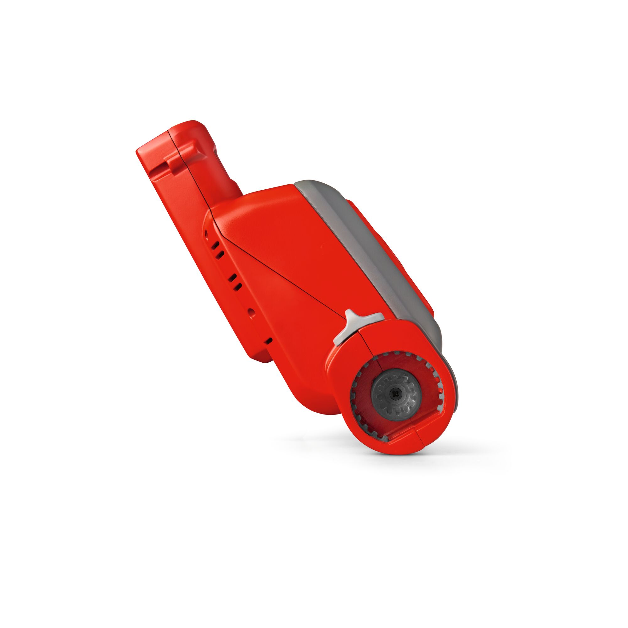 A close-up of a red and grey WOLFGarten garden tool with a wheel, against a white background.