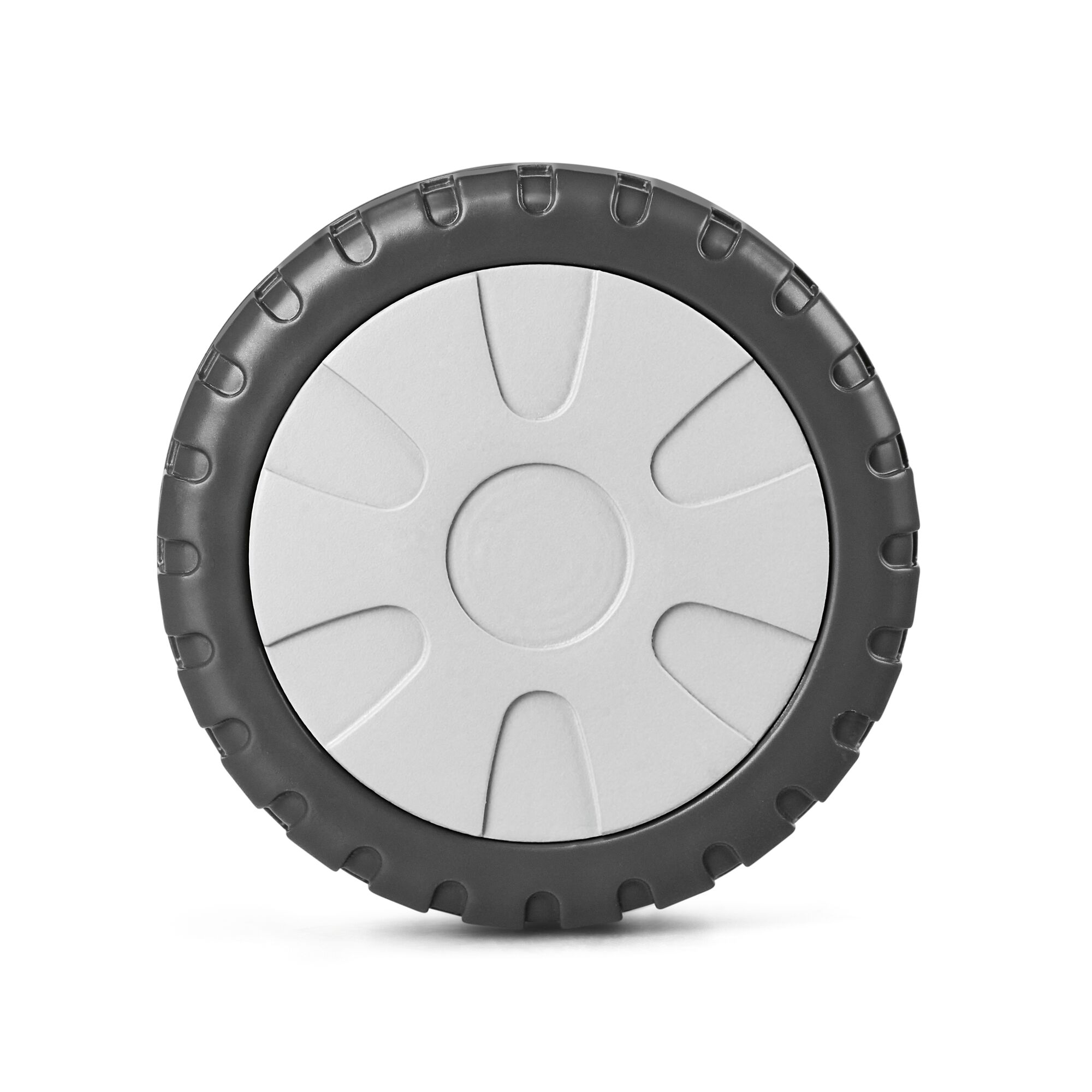 A close-up image of a single grey plastic wheel with a black rubber tire, shown against a white background.