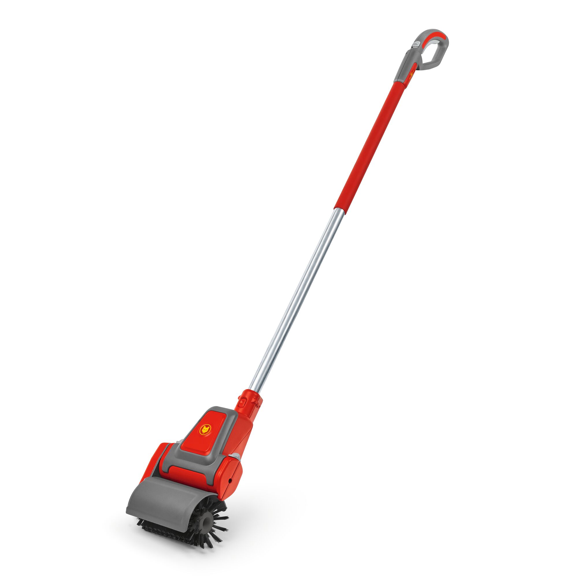 A red and grey electric cleaning brush with a long handle, designed for outdoor use, shown against a white background.