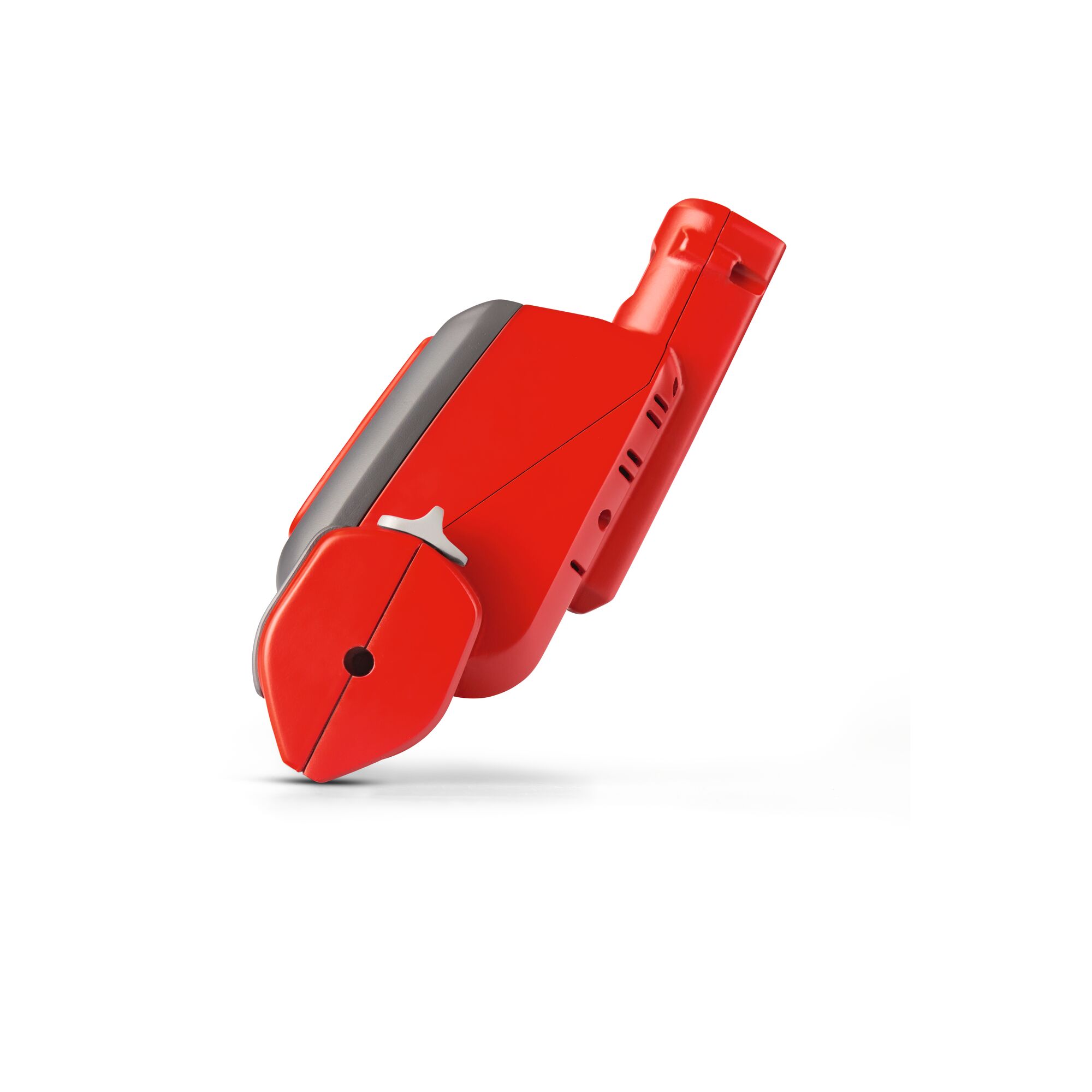 A close-up of a red and grey handheld garden tool attachment with a rounded blade, photographed on a white background.