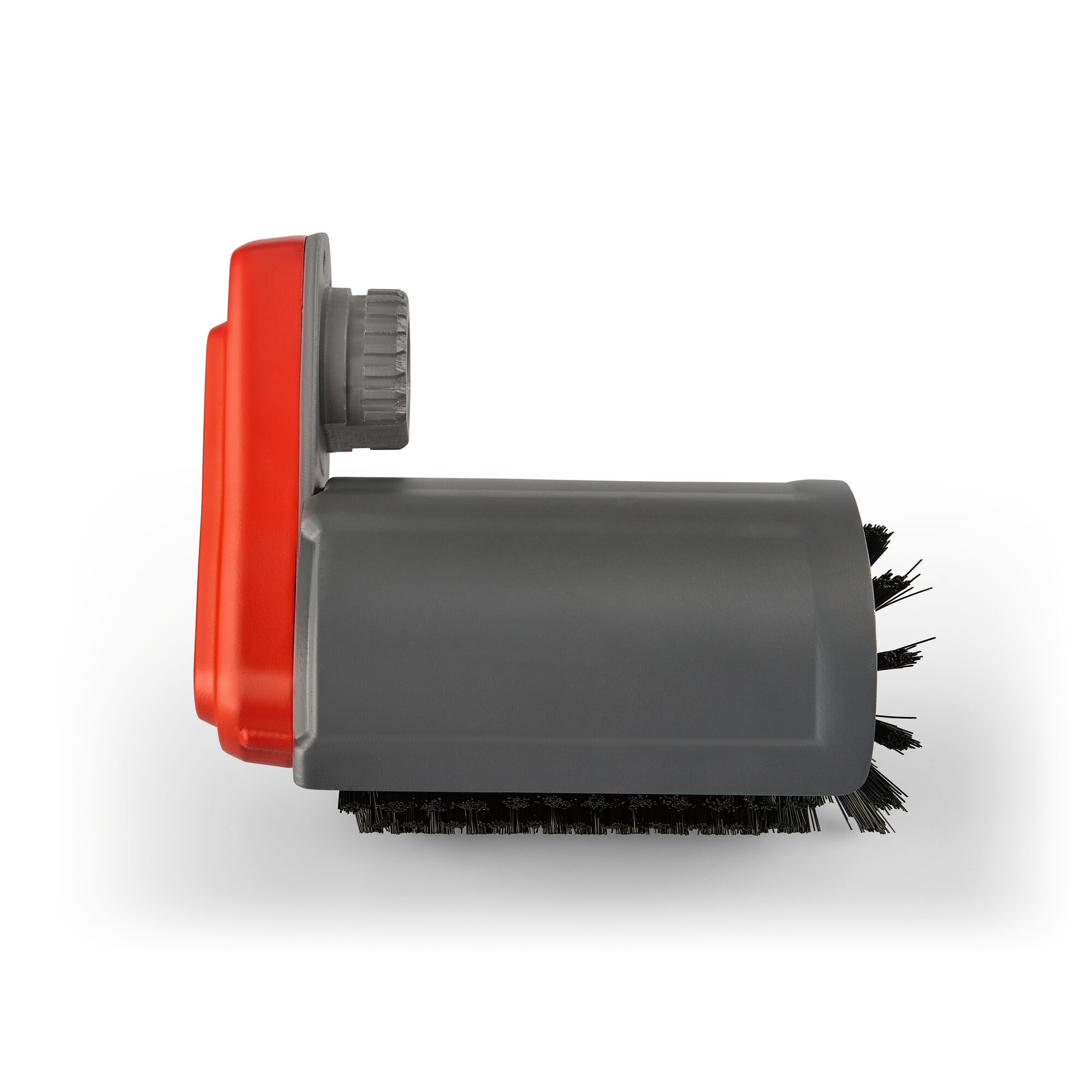Side view of a grey and red cylindrical cleaning brush attachment with black bristles, photographed on a white background.