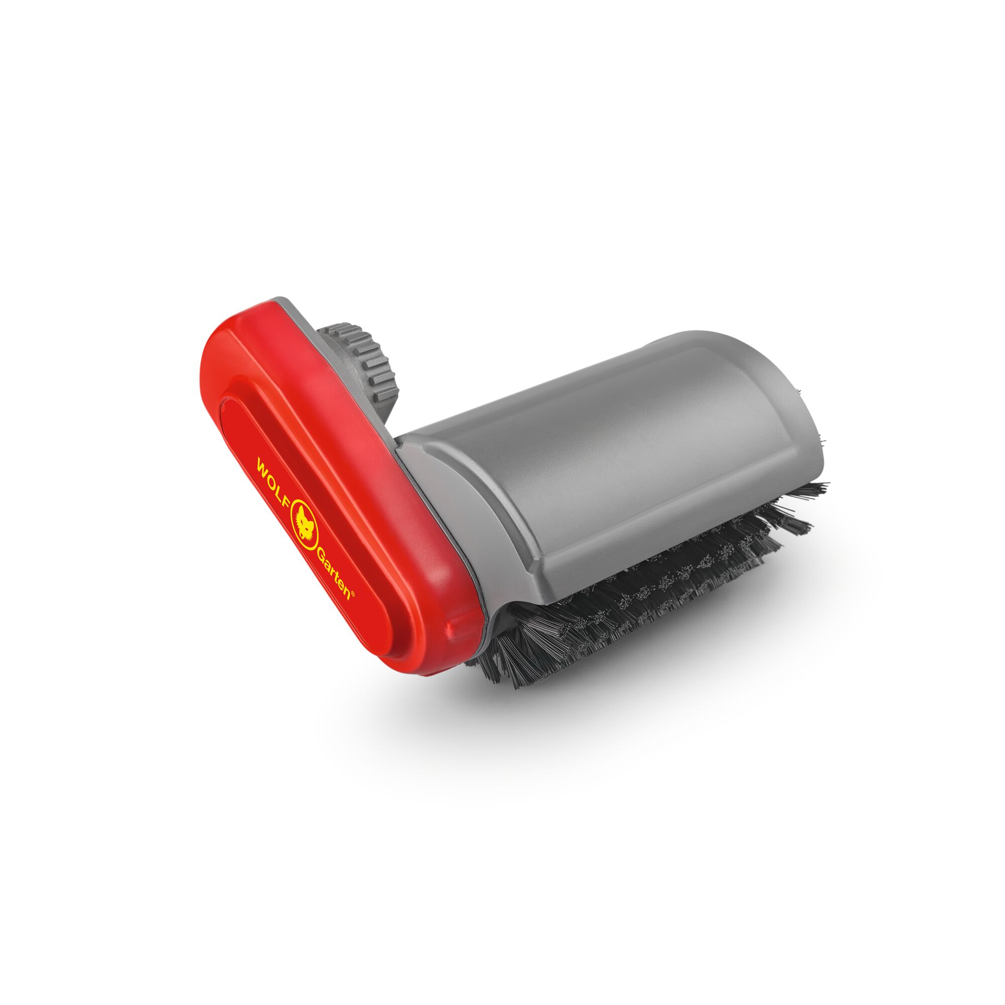 A WOLFGarten garden cleaning brush attachment, featuring a grey body with a red accent and black bristles, designed for cleaning outdoor surfaces.