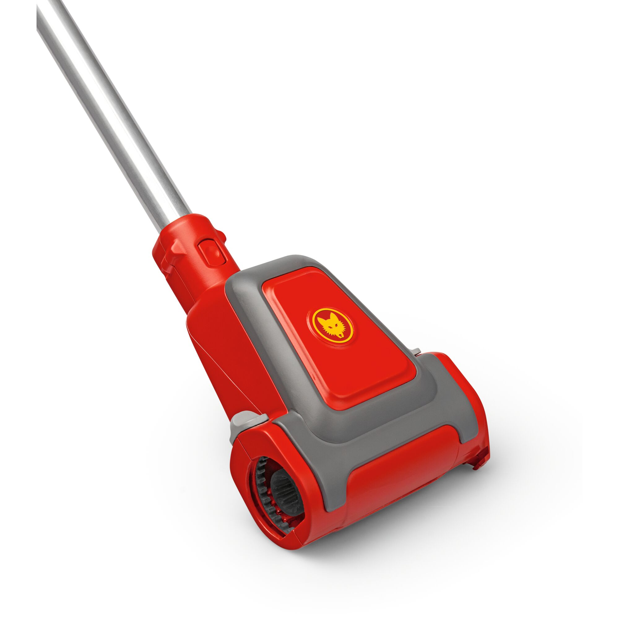 A close-up of a red and gray garden tool head with a metal handle, featuring the WOLFGarten logo. The tool is photographed against a white background.