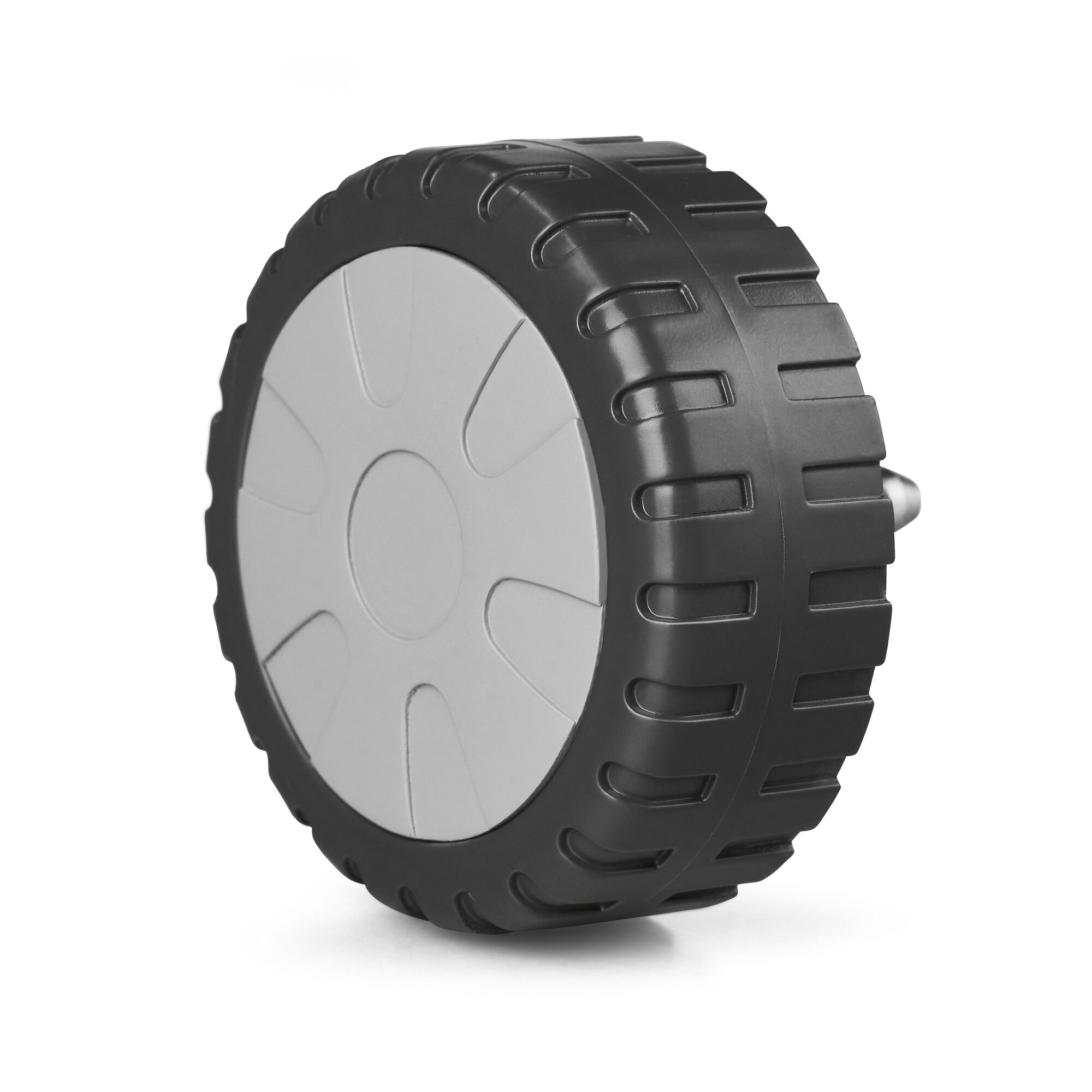 A close-up photograph of a single black and grey plastic wheel with a grooved tread, isolated on a white background.