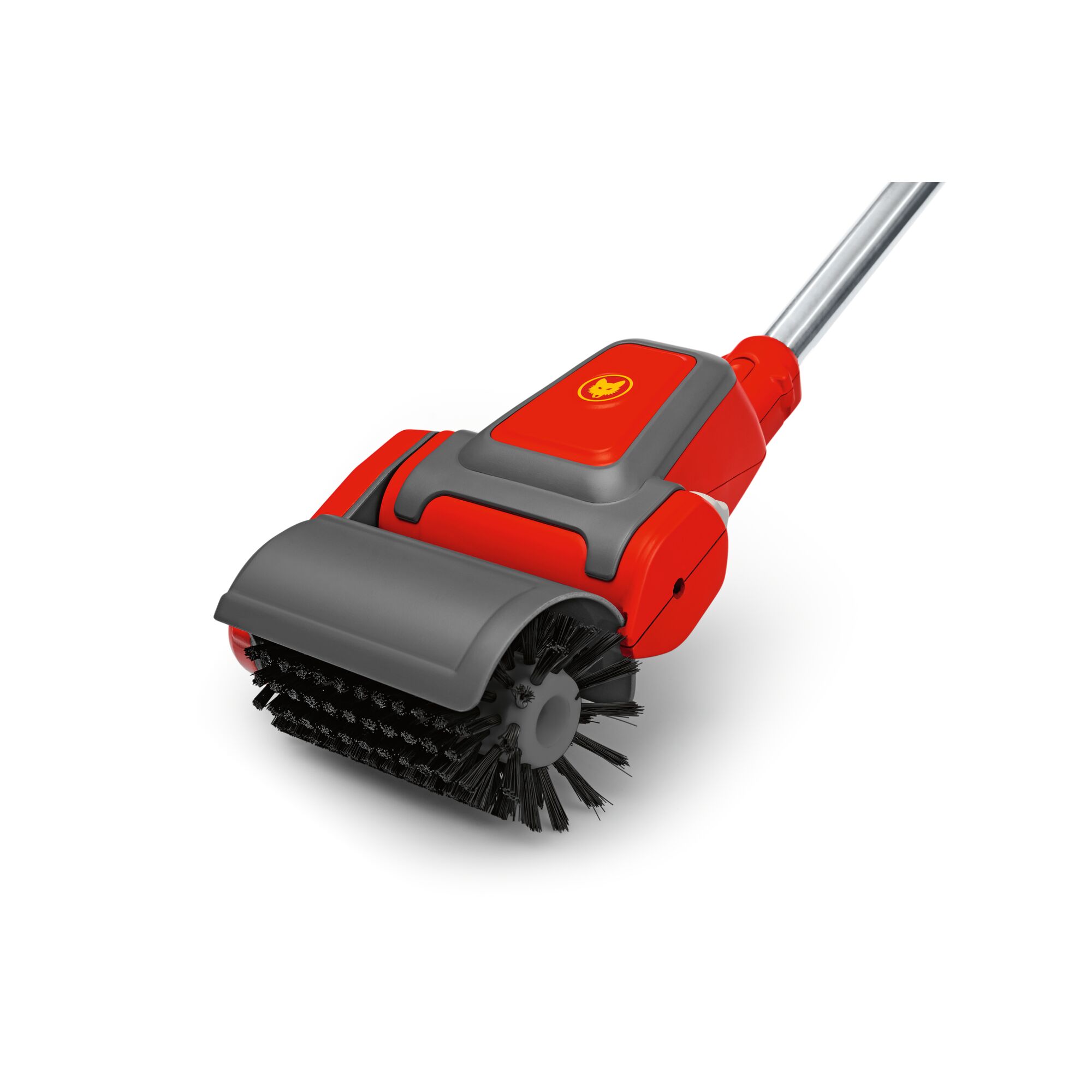 A red and grey electric brush attachment with a cylindrical bristle head, designed for cleaning outdoor surfaces. The product features a handle and the WOLFGarten logo on top.