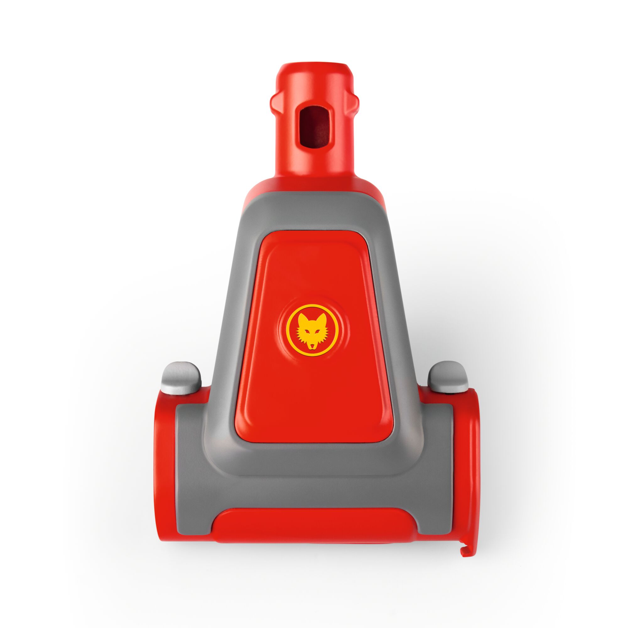 Red and grey gardening tool attachment from WOLFGarten, featuring the brand's yellow wolf logo in the center, photographed against a white background.