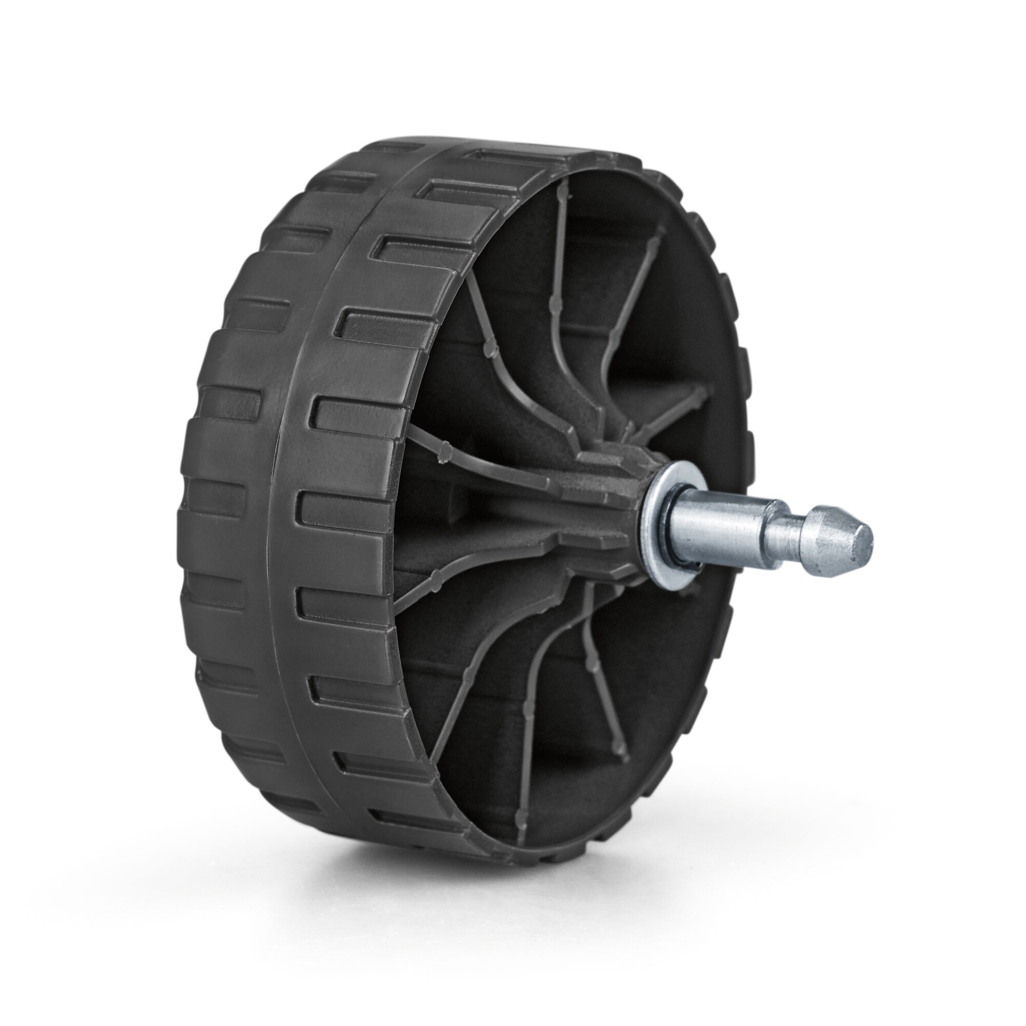 A close-up image of a black plastic wheel with a central metal axle, suitable for use with garden tools or equipment.