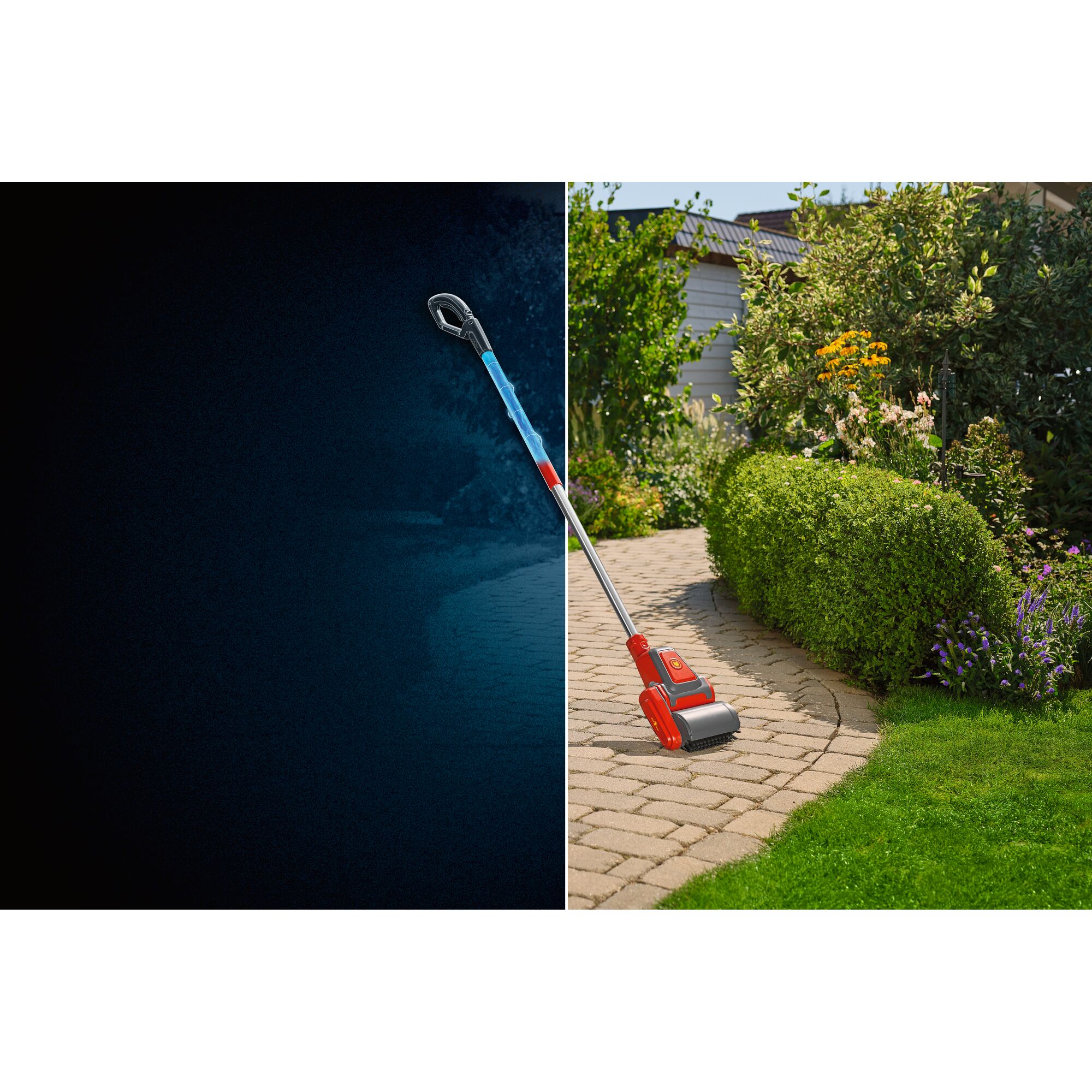 A red and silver WOLFGarten battery-powered garden tool with a long handle is shown cleaning a paved pathway next to a landscaped garden with shrubs and flowers.