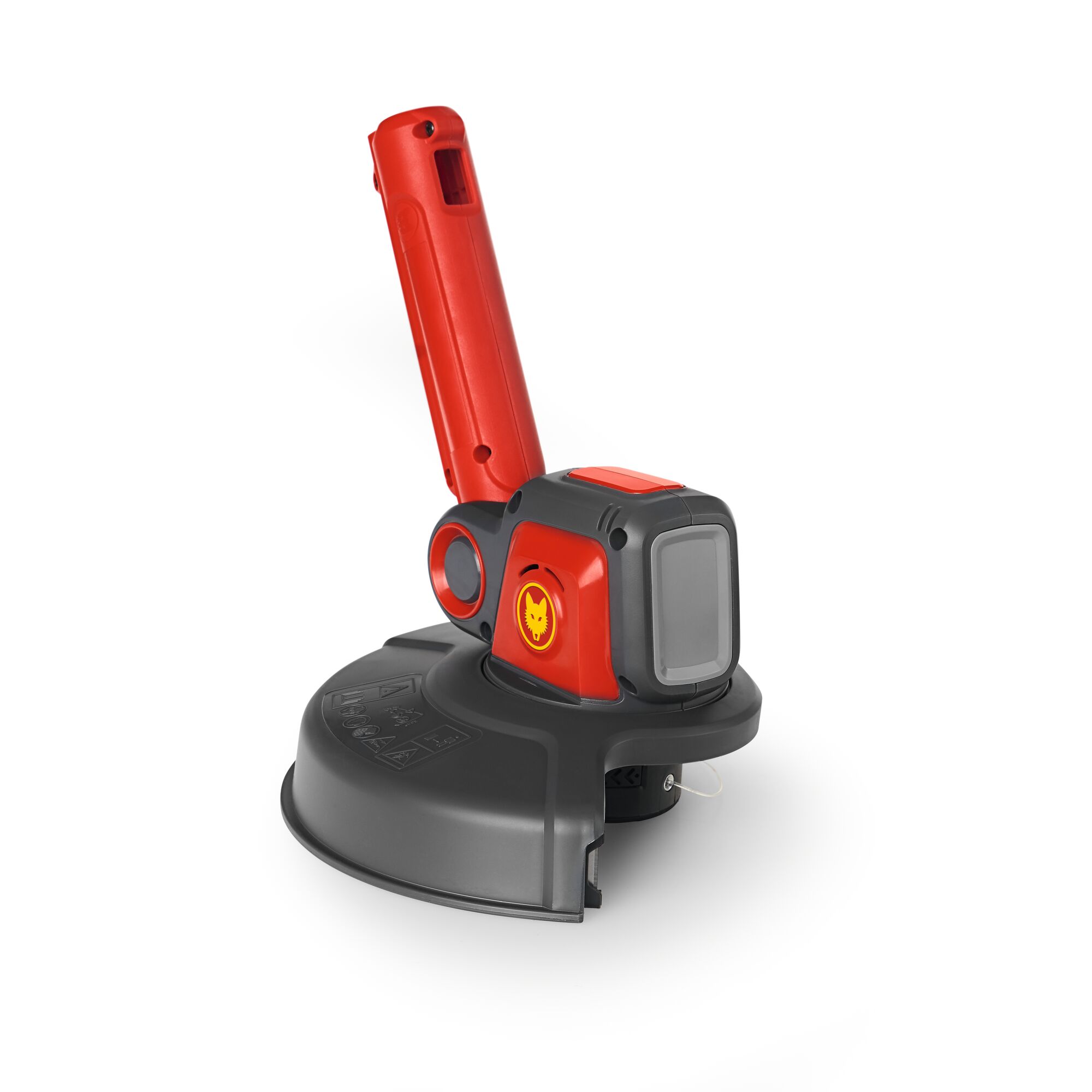 Red and black electric grass trimmer head with a protective guard, designed for garden maintenance.