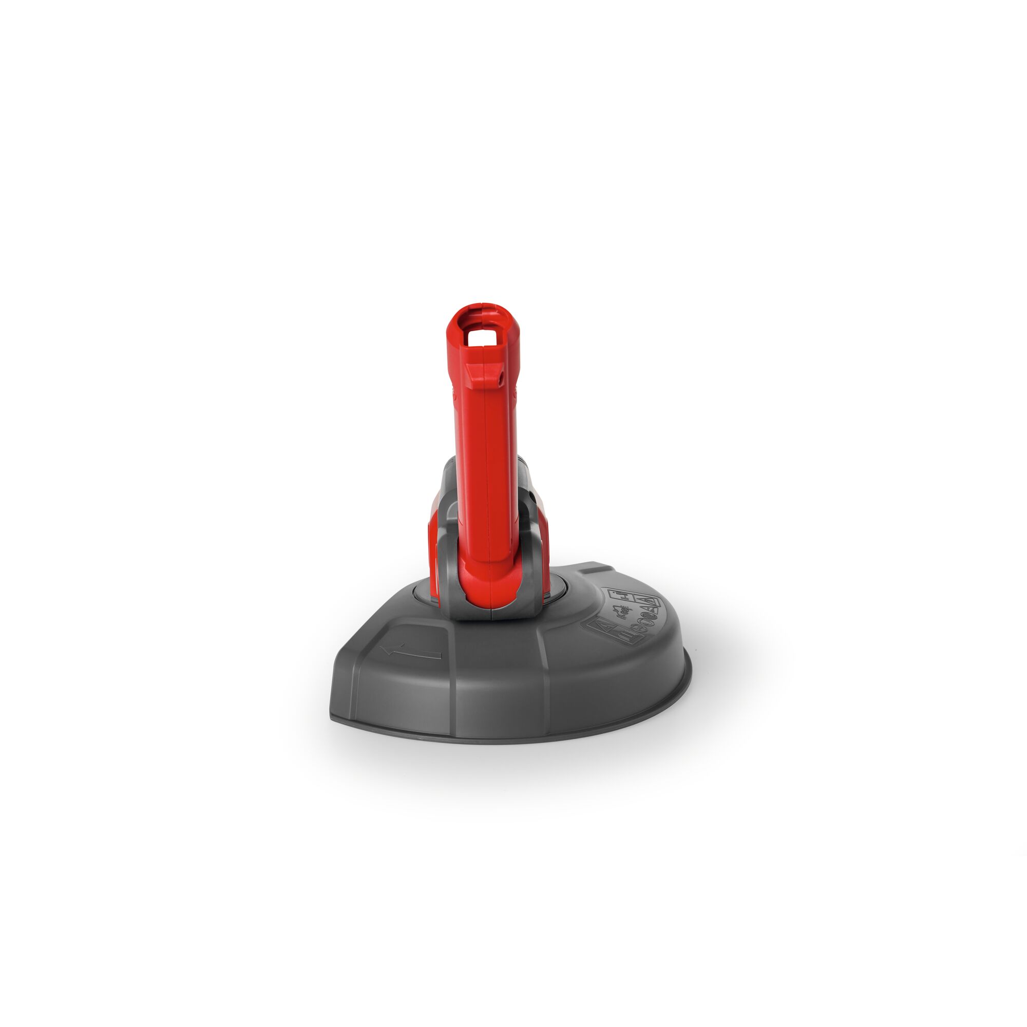 A close-up image of a WOLFGarten gardening tool head attachment, featuring a grey base with a red connector, designed to fit onto a compatible handle.