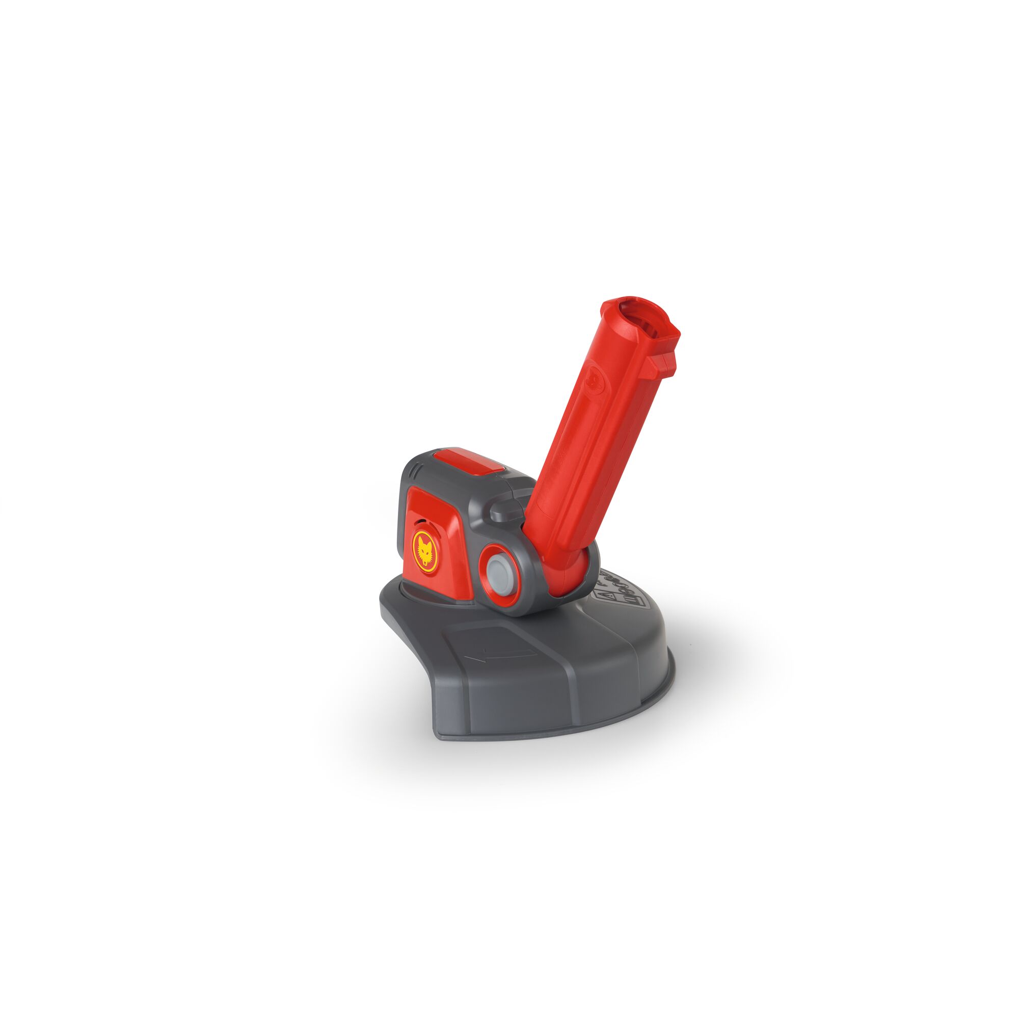 A close-up image of a WOLFGarten gardening tool accessory, featuring a grey and red plastic base with a protruding red handle, positioned on a white background.