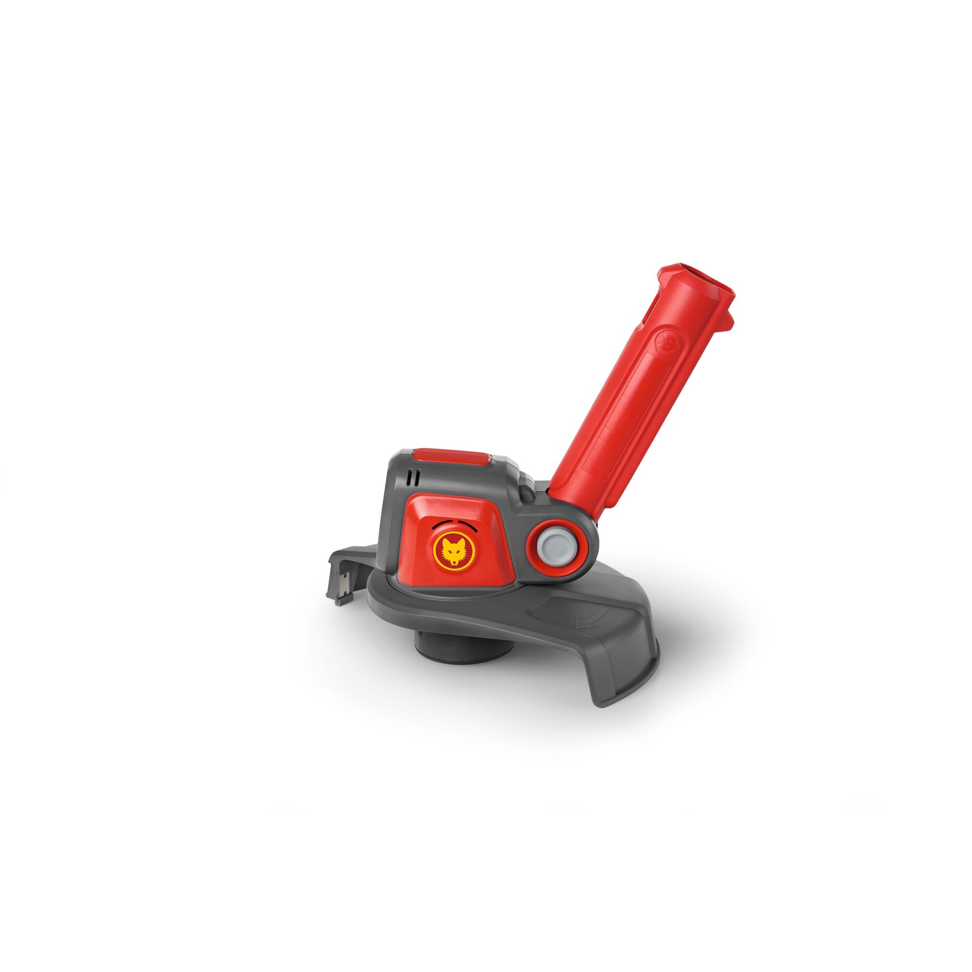 A close-up of a WOLFGarten garden tool component, showing a red and grey handle and housing with the WOLFGarten logo on the front part.