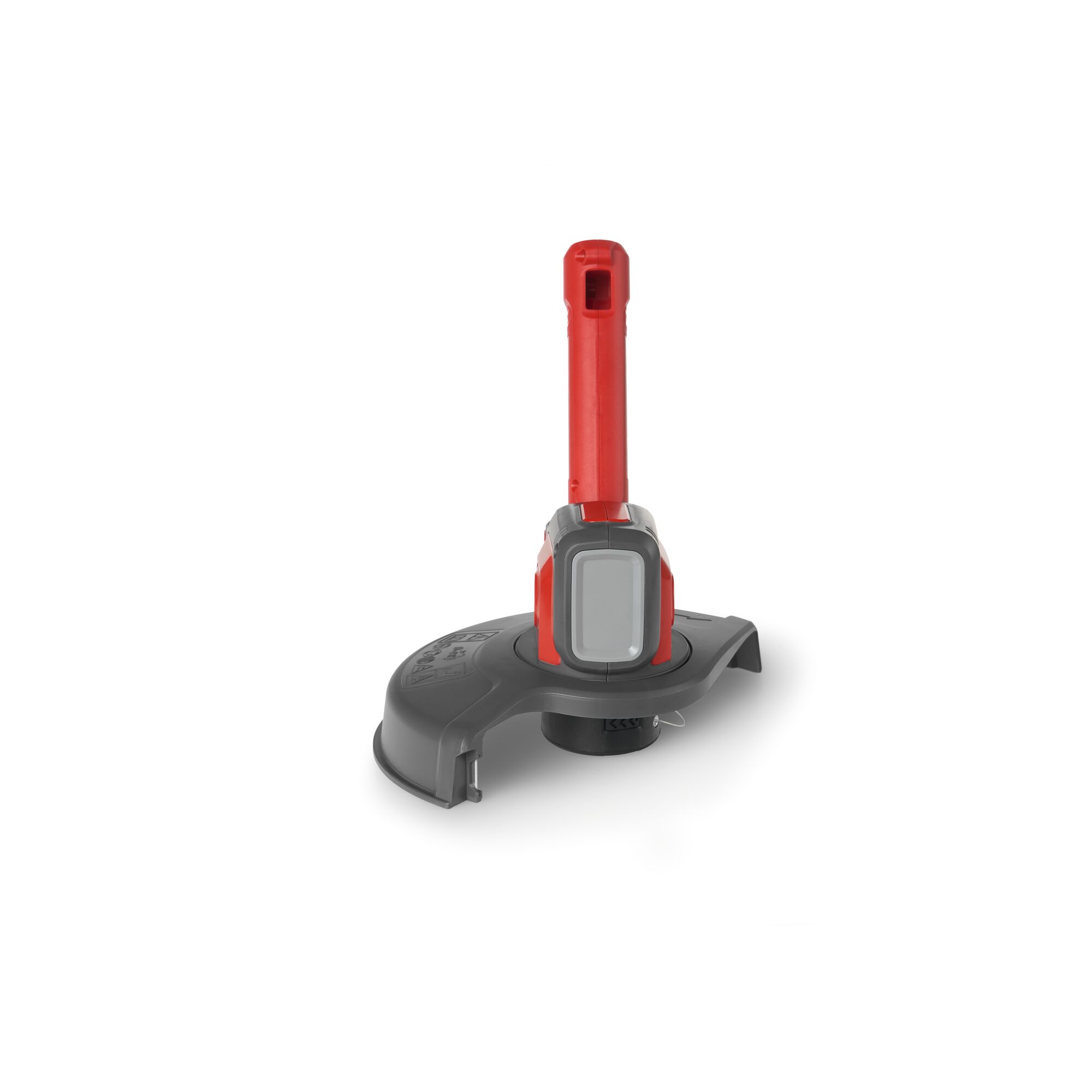 A close-up view of a WOLFGarten garden tool, featuring a red and grey handle with a black protective guard at the base. The design suggests it is a part of a grass trimmer or similar garden equipment.