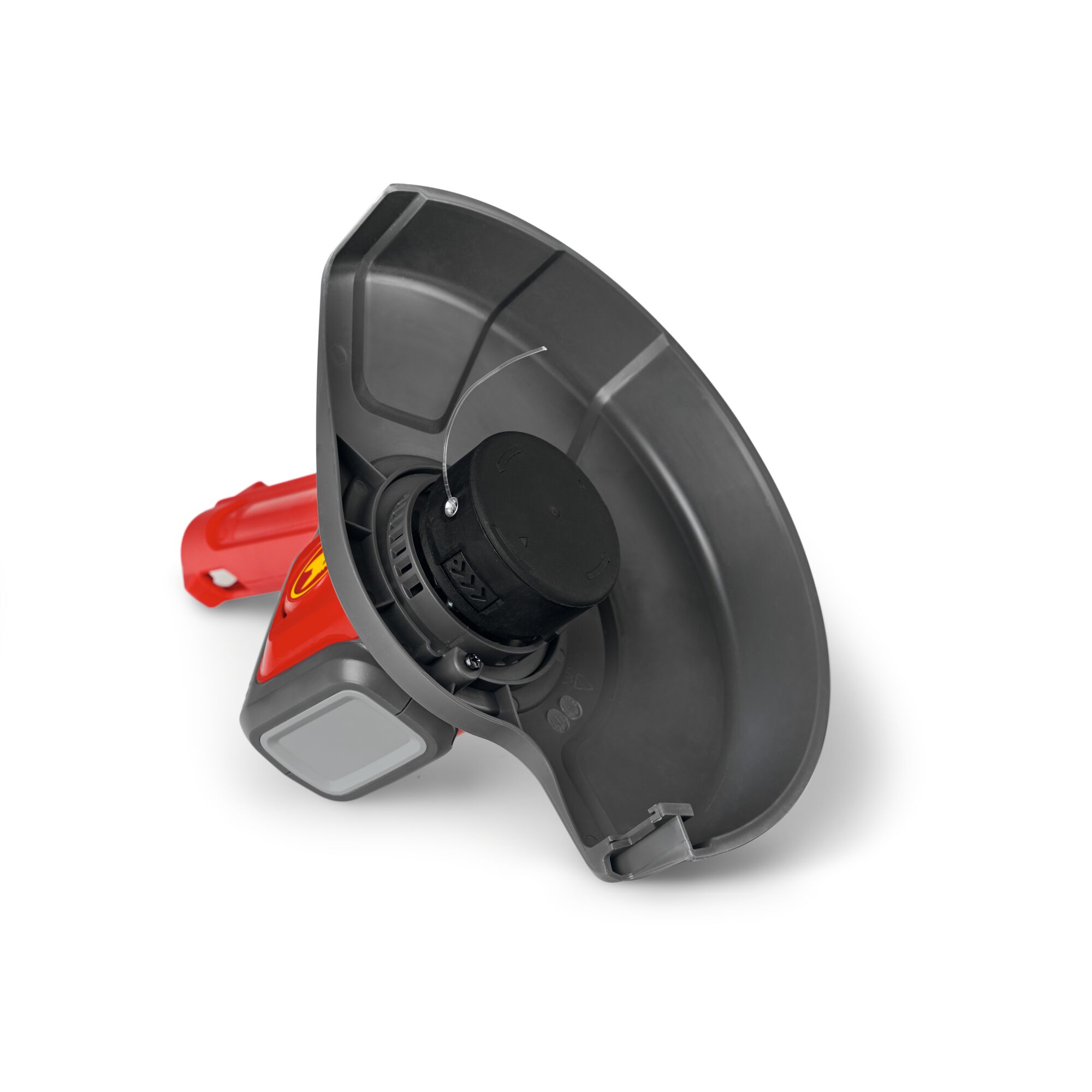 Close-up view of the cutting head and protective guard of a WOLFGarten garden trimmer.