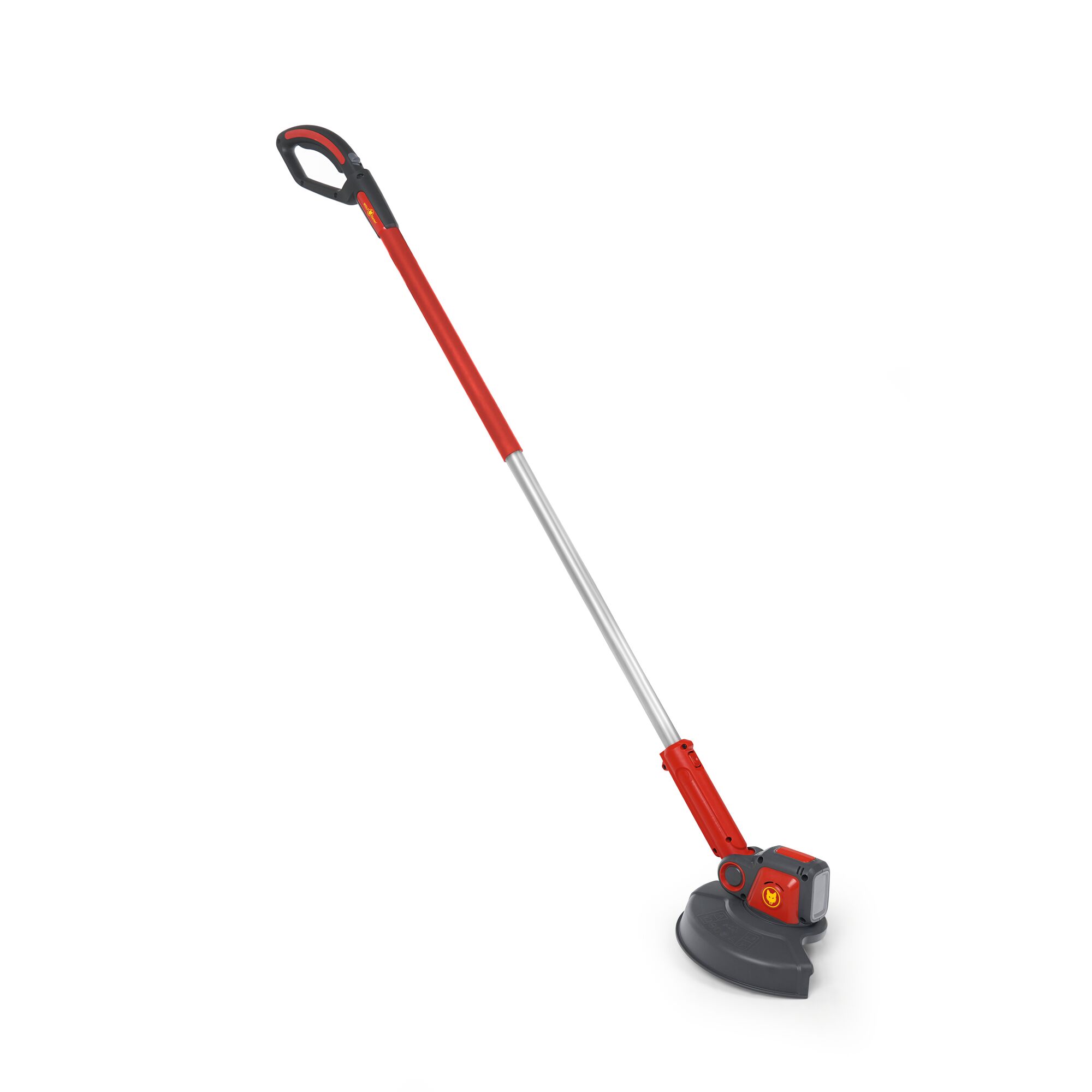 A red and silver electric grass trimmer with a black handle, photographed against a white background.