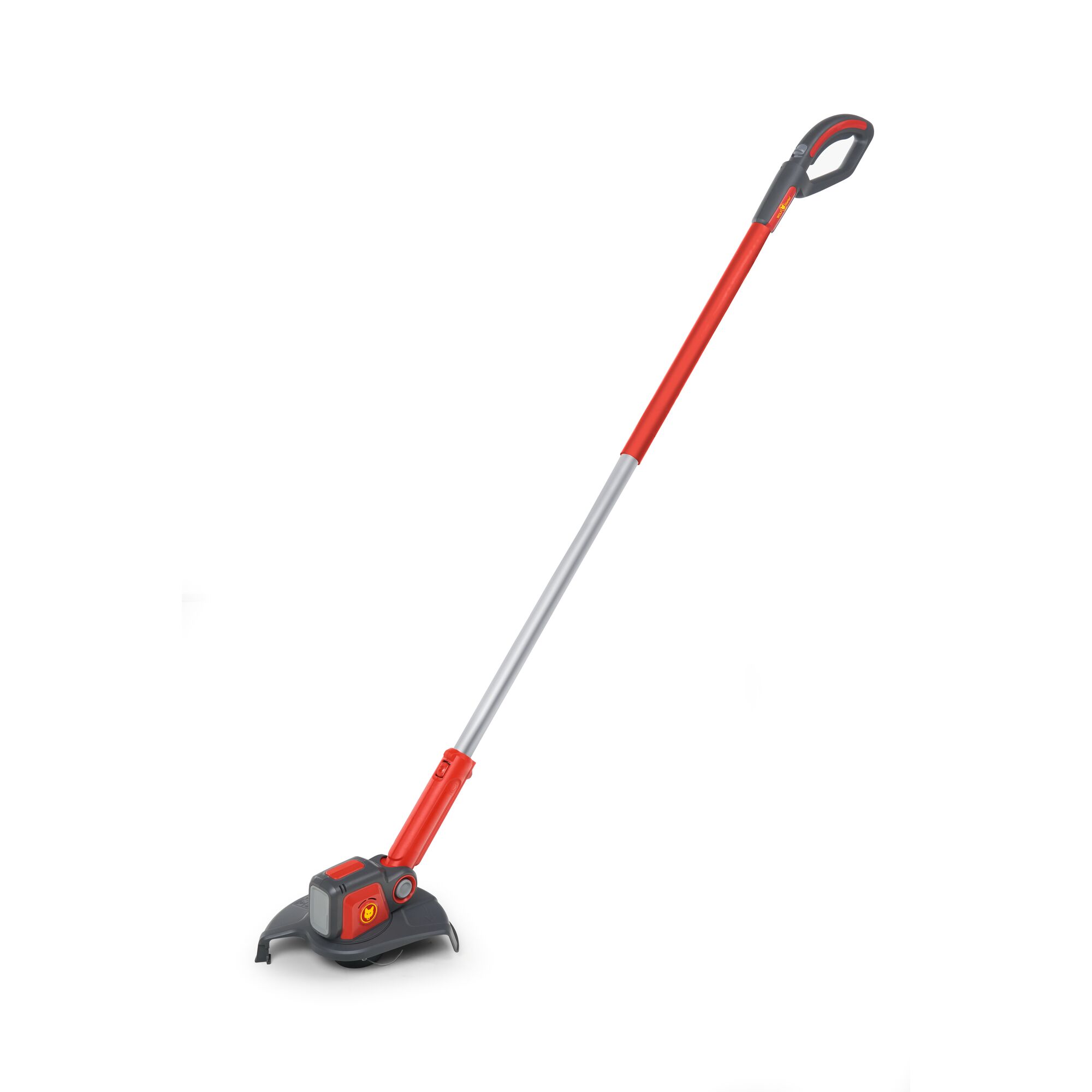 A WOLFGarten cordless grass trimmer with a red and grey handle and cutting head, shown isolated on a white background.