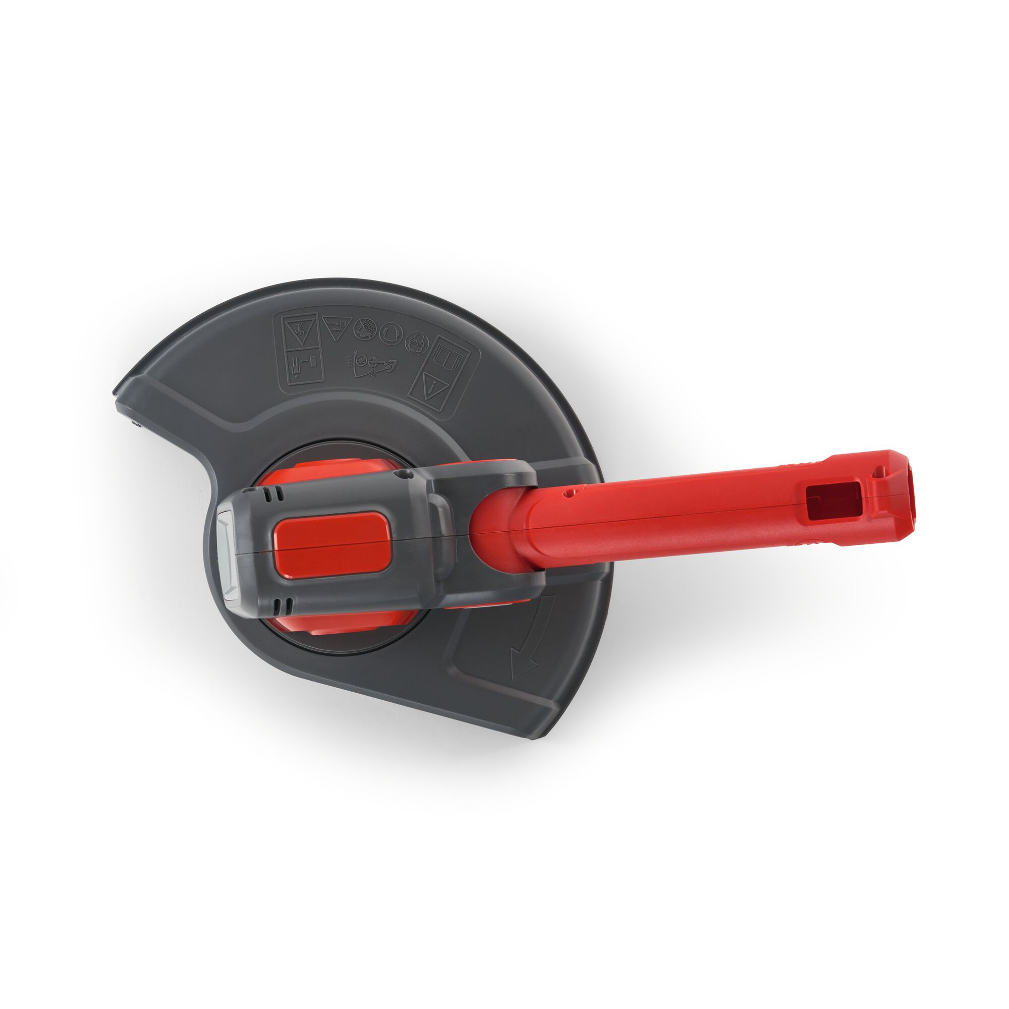 Close-up image of a WOLFGarten garden tool attachment, featuring a red and grey design with a circular protective cover and connecting handle.
