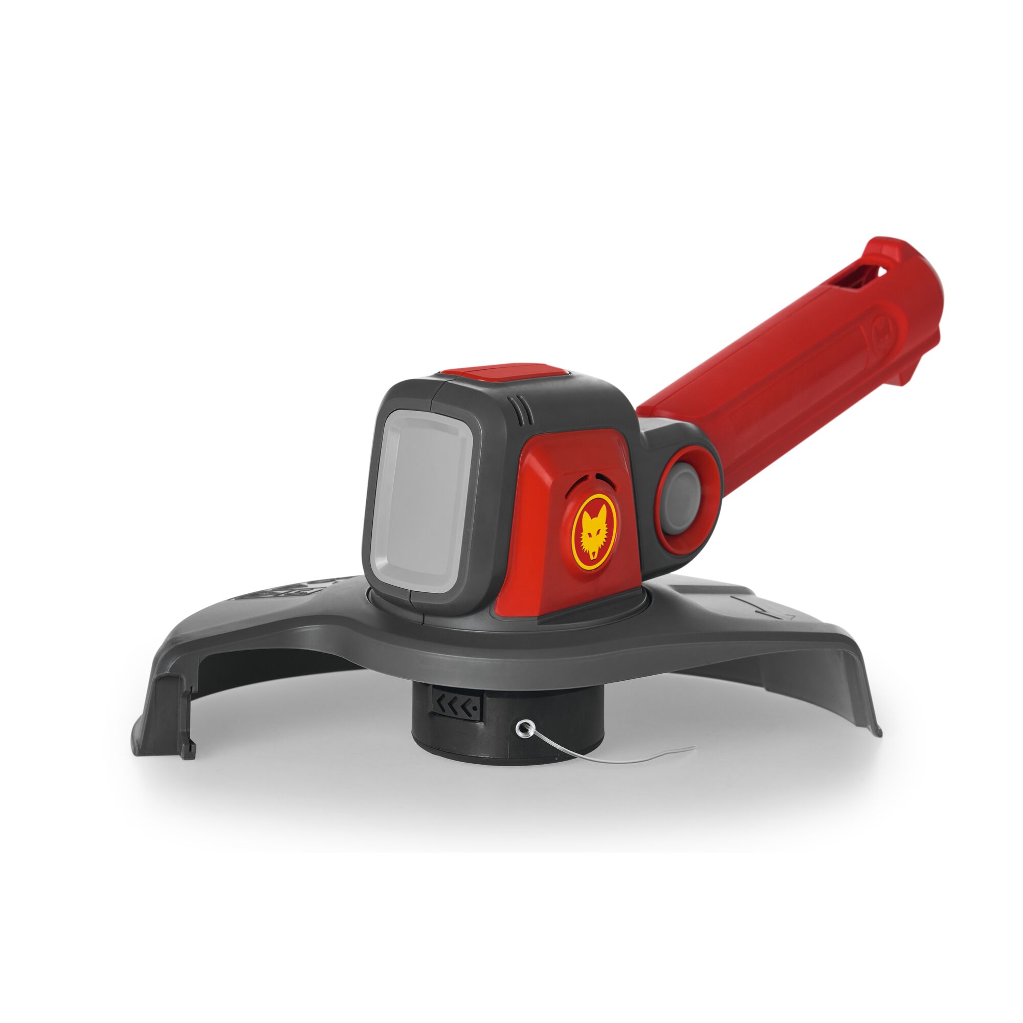 WOLFGarten red and grey grass trimmer head attachment with protective guard and cutting line, photographed against a white background.