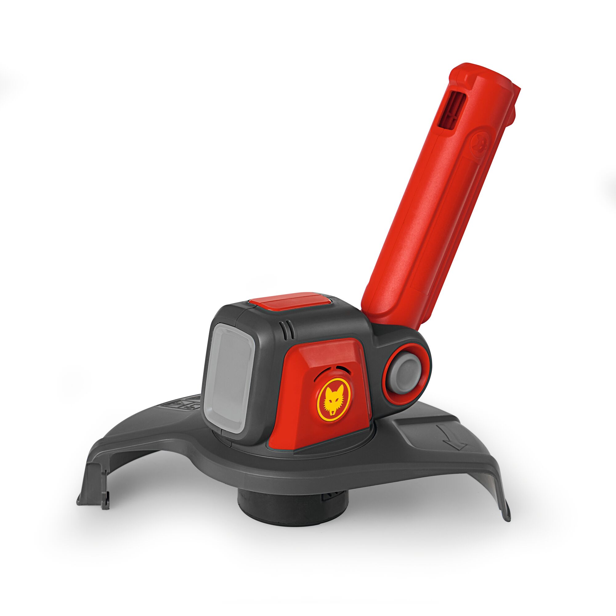 A close-up view of a WOLFGarten garden tool accessory, featuring a compact, gray and red body with a handle and a yellow wolf logo. The product is photographed on a white background.