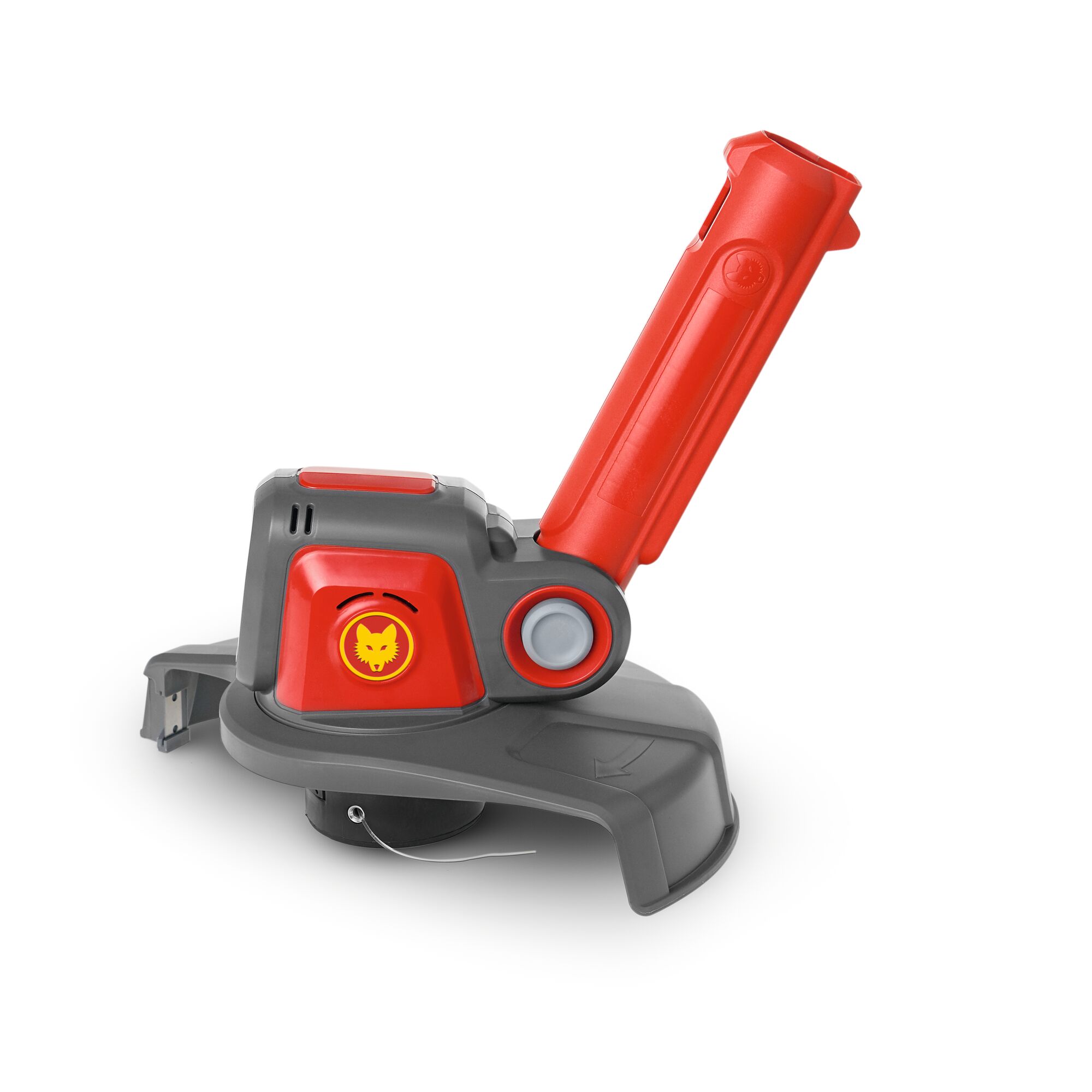 A close-up view of a red and grey WOLF-Garten garden trimmer with an angled handle and safety guard.