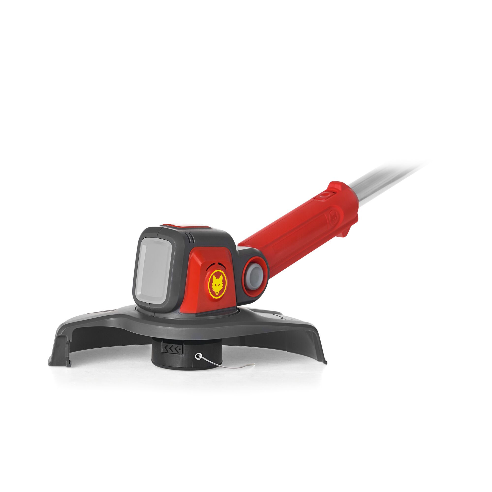 Close-up view of a WOLFGarten garden trimmer with a red and black handle and protective guard.