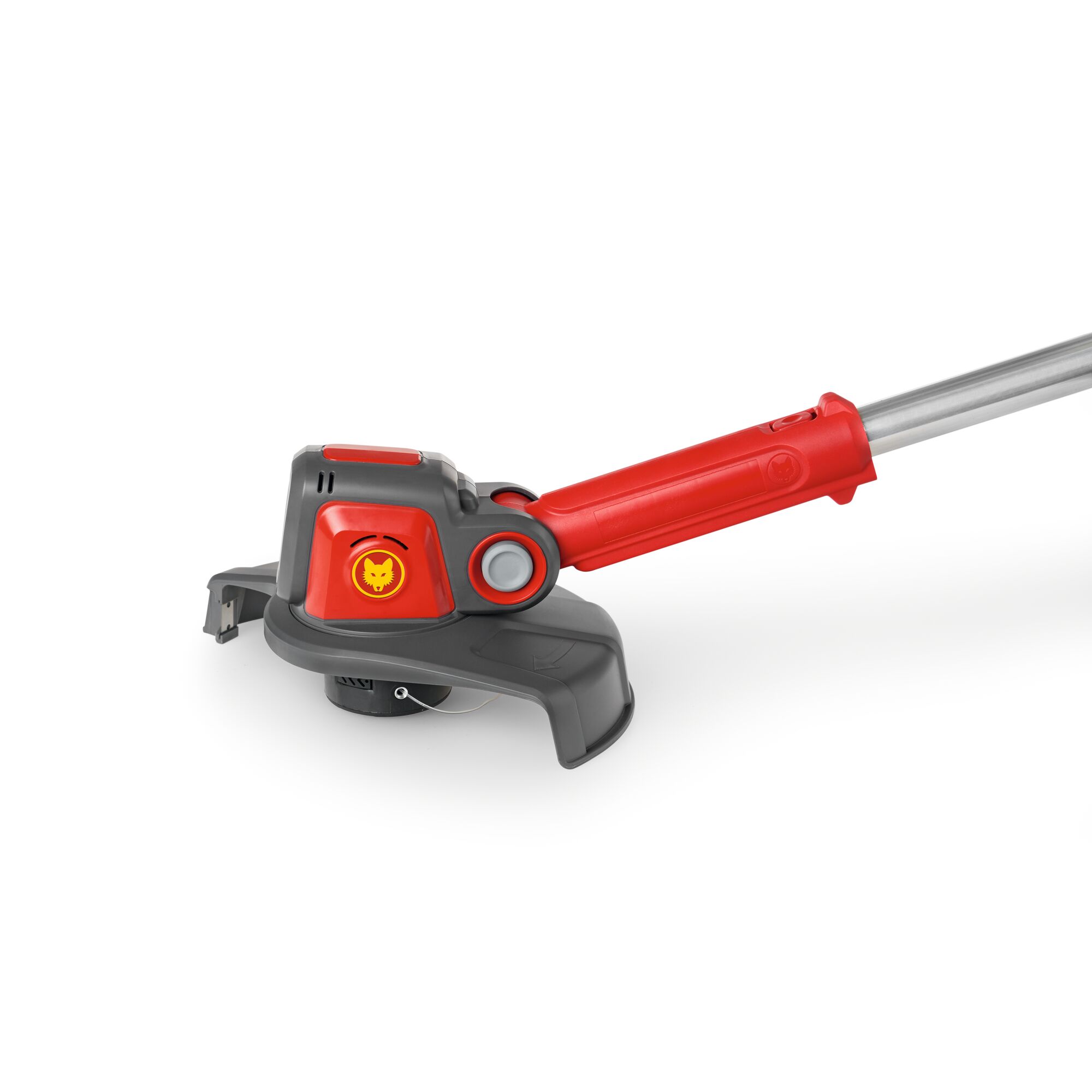 Close-up view of a WOLF-Garten garden trimmer head, featuring a red and gray design with a visible yellow wolf logo on the side.