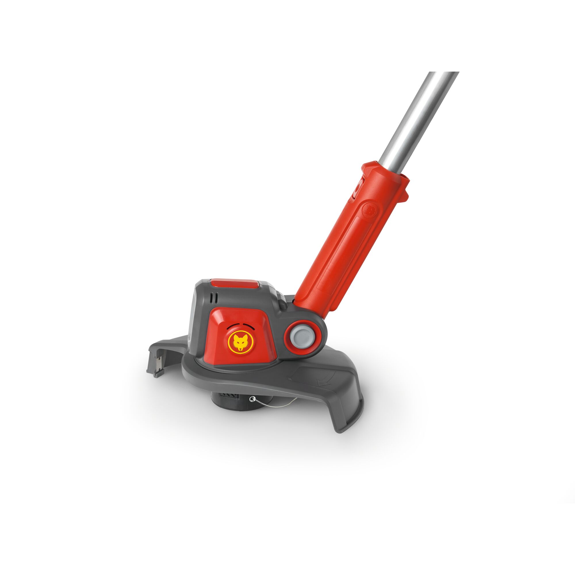 Close-up of the lower section of a WOLF-Garten grass trimmer with a red and grey plastic housing, showing the handle and cutting head against a white background.