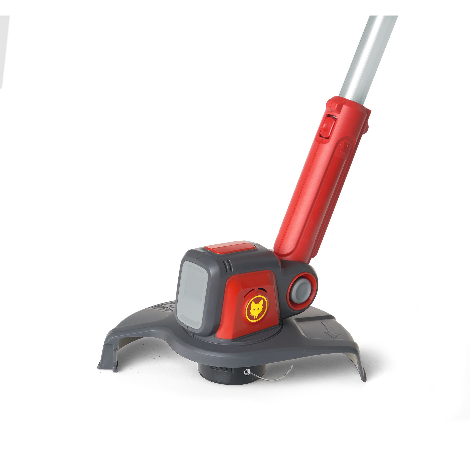 Close-up view of a WOLF-Garten garden cordless grass trimmer, showing the cutting head in red and grey with the brand logo. The image highlights the trimming mechanism and handle.