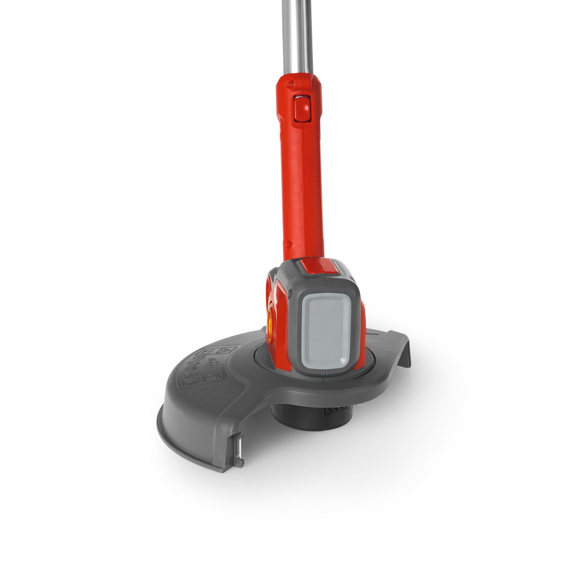 Close-up view of the lower part of a WOLFGarten garden trimmer, showing its red and grey body with protective cover and cutting head.