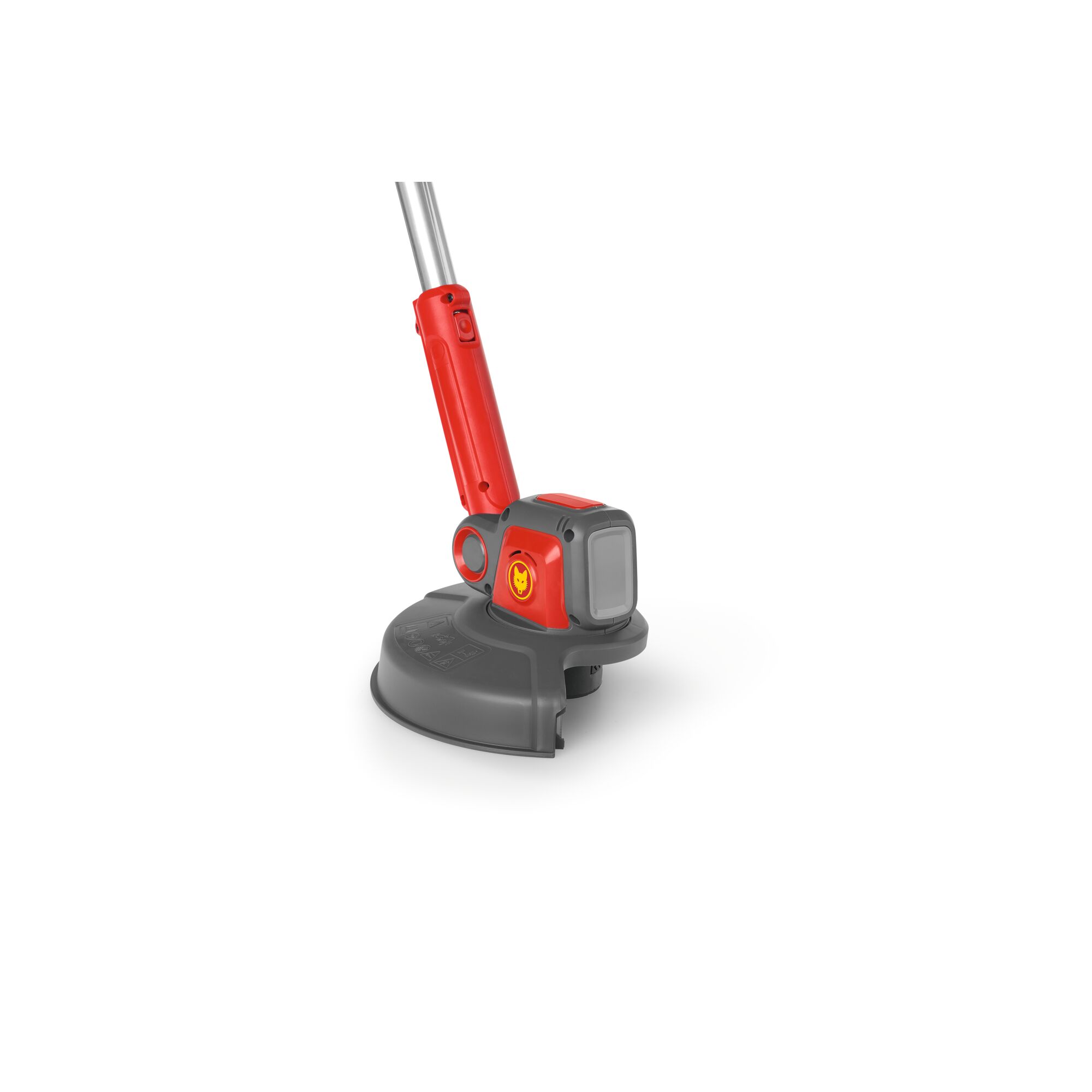 A close-up image of a red and grey WOLFGarten garden tool, likely a battery-powered grass trimmer, showing the handle and cutting head.