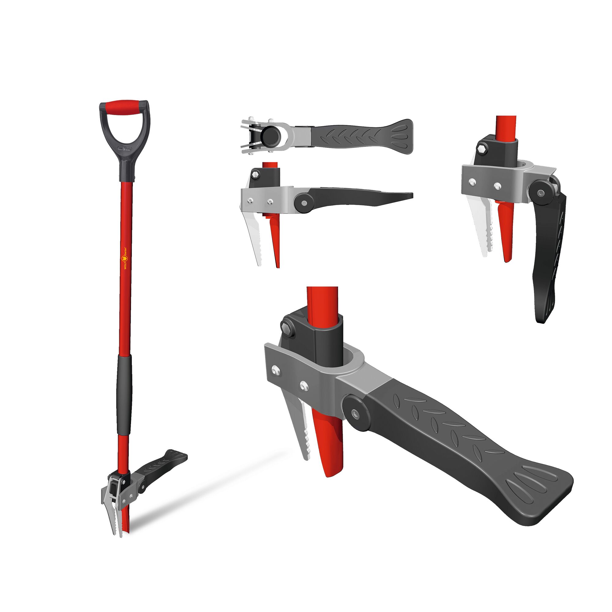 A red and black garden tool with a long handle and a mechanical claw at the end, designed for removing weeds. The image shows a full view of the tool and several close-up shots of the claw mechanism in different positions.