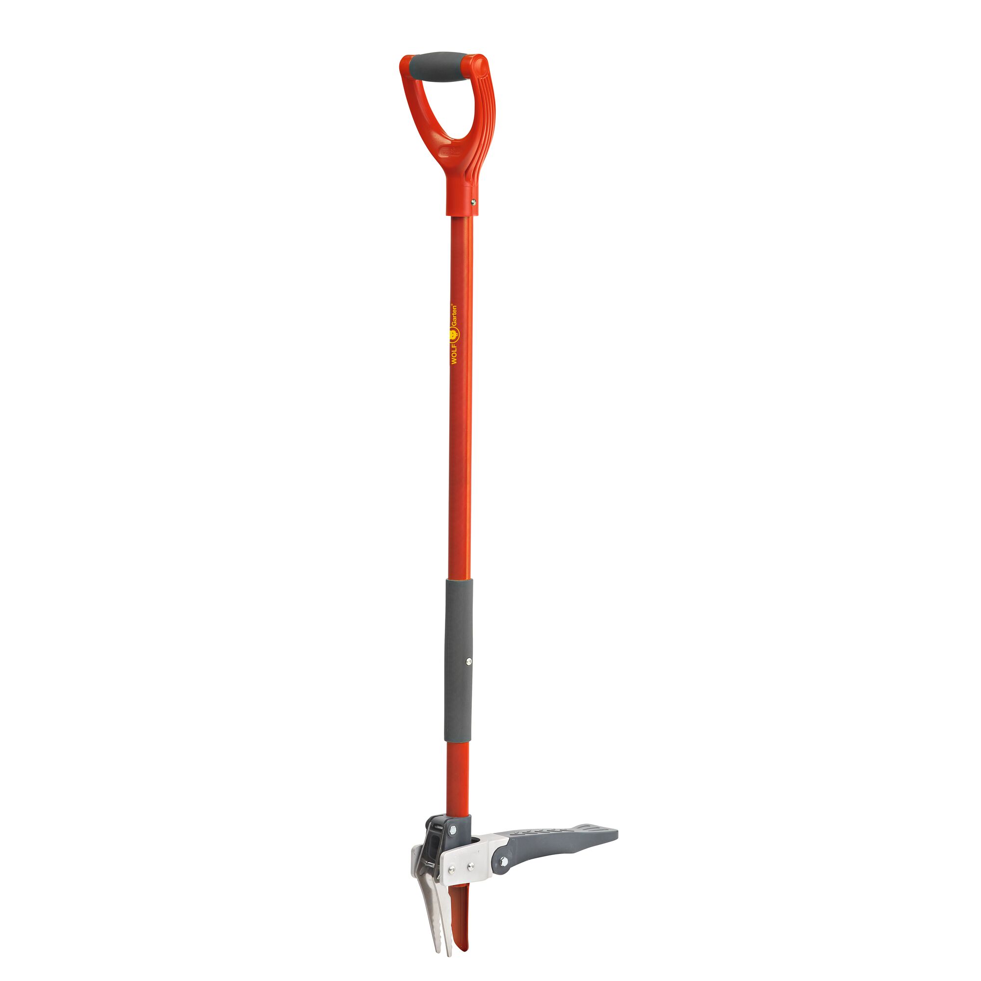 A red long-handled garden tool with a comfort grip and a metal claw at the bottom, used for pulling out weeds. The tool is standing upright against a white background.