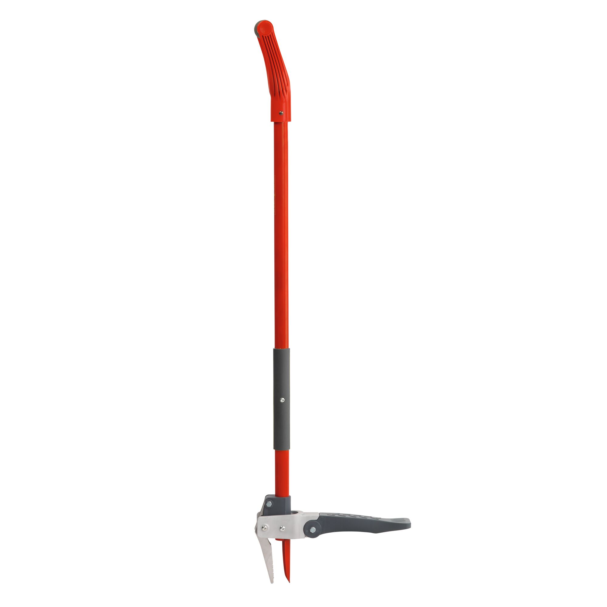 A long-handled red garden weeder tool with a grip handle and metal claw for removing weeds.